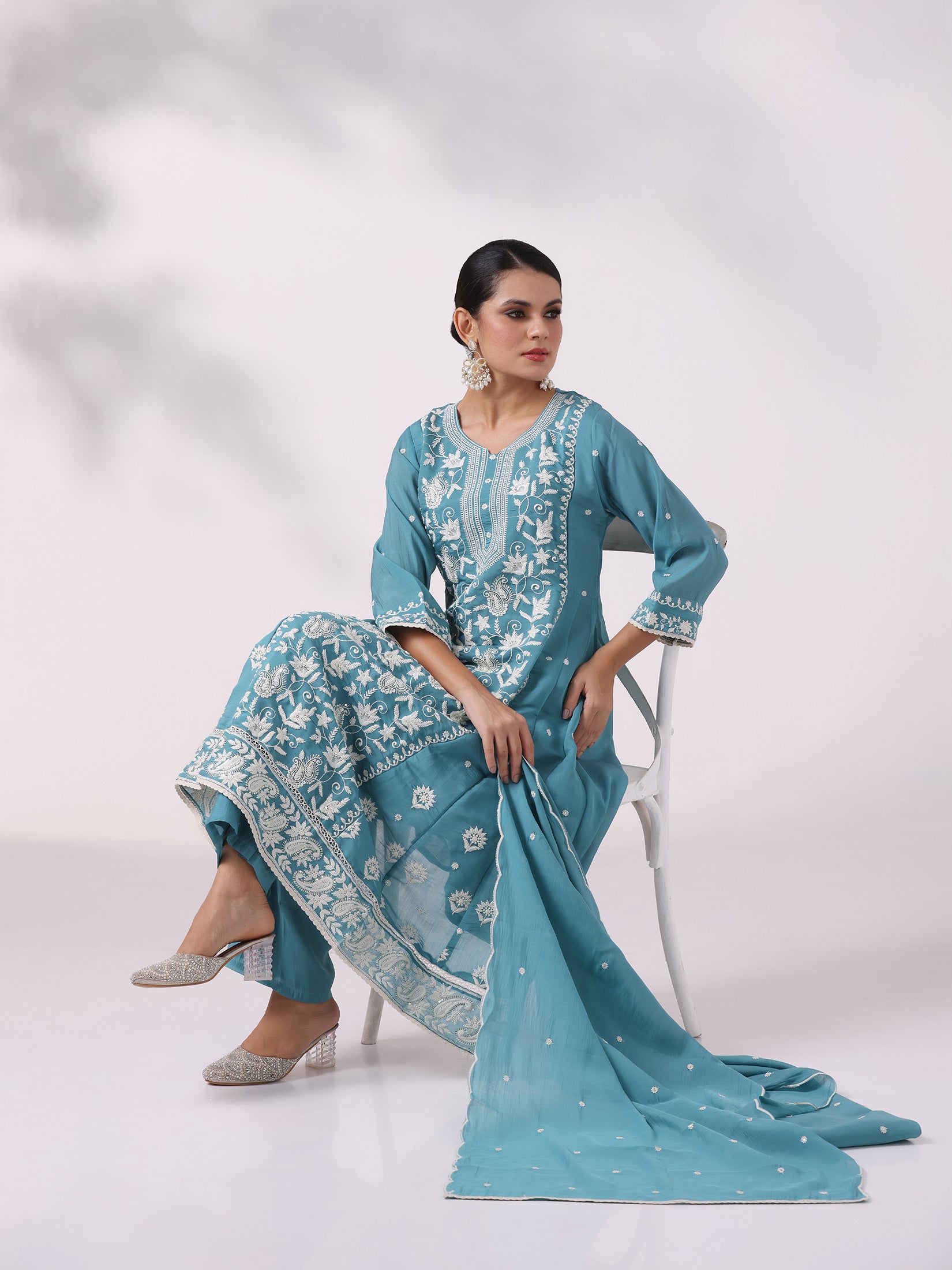 Women Blue Poly Viscose Embroidered Kurta Comfort Pant Dupatta