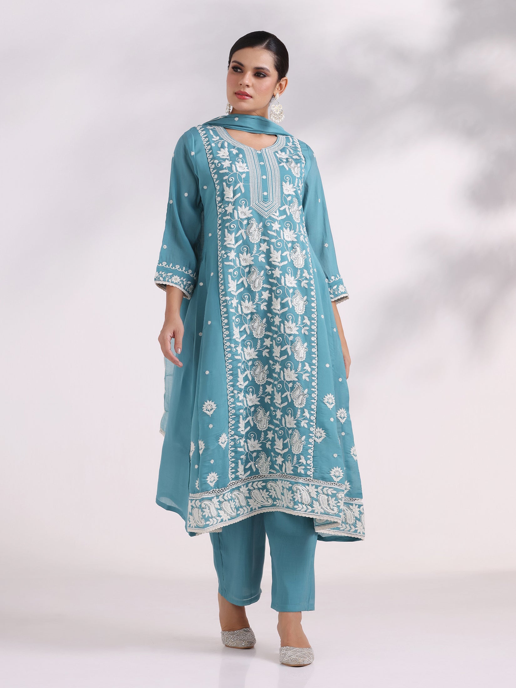 Women Blue Poly Viscose Embroidered Kurta Comfort Pant Dupatta