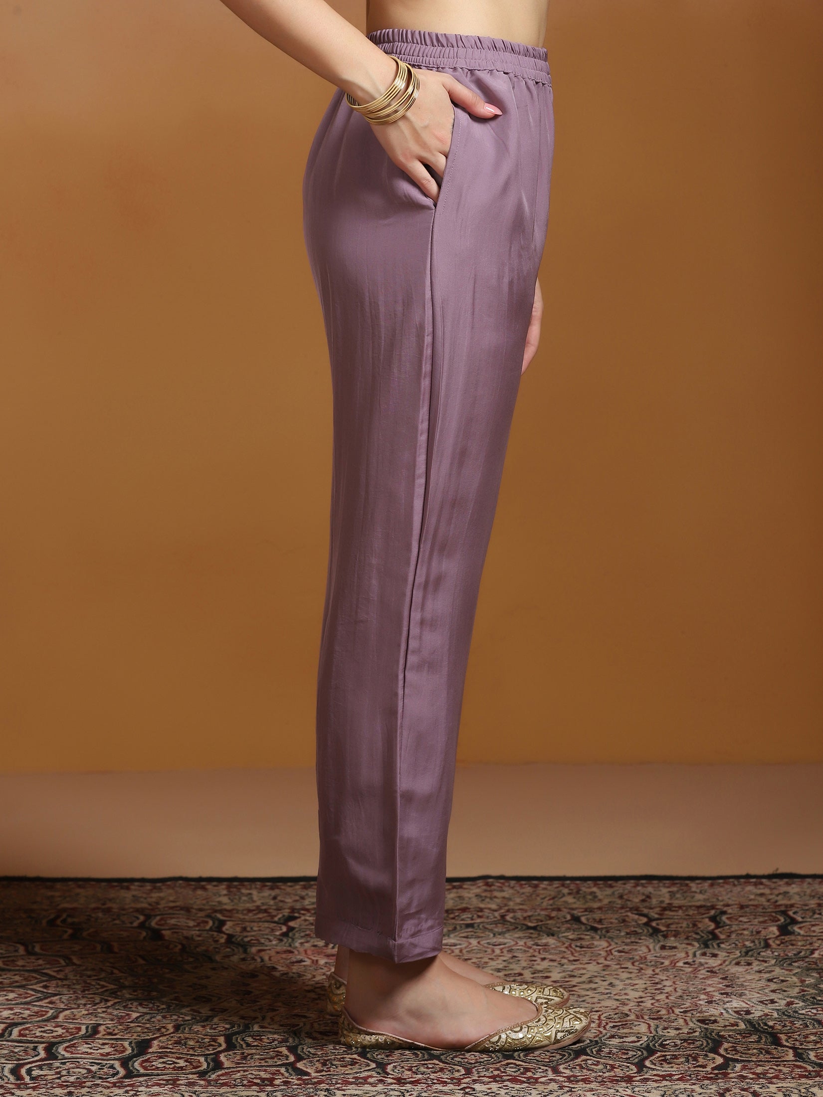 Women Viscose Organza Lilac Embroidered Kurta Comfort Pant Dupatta