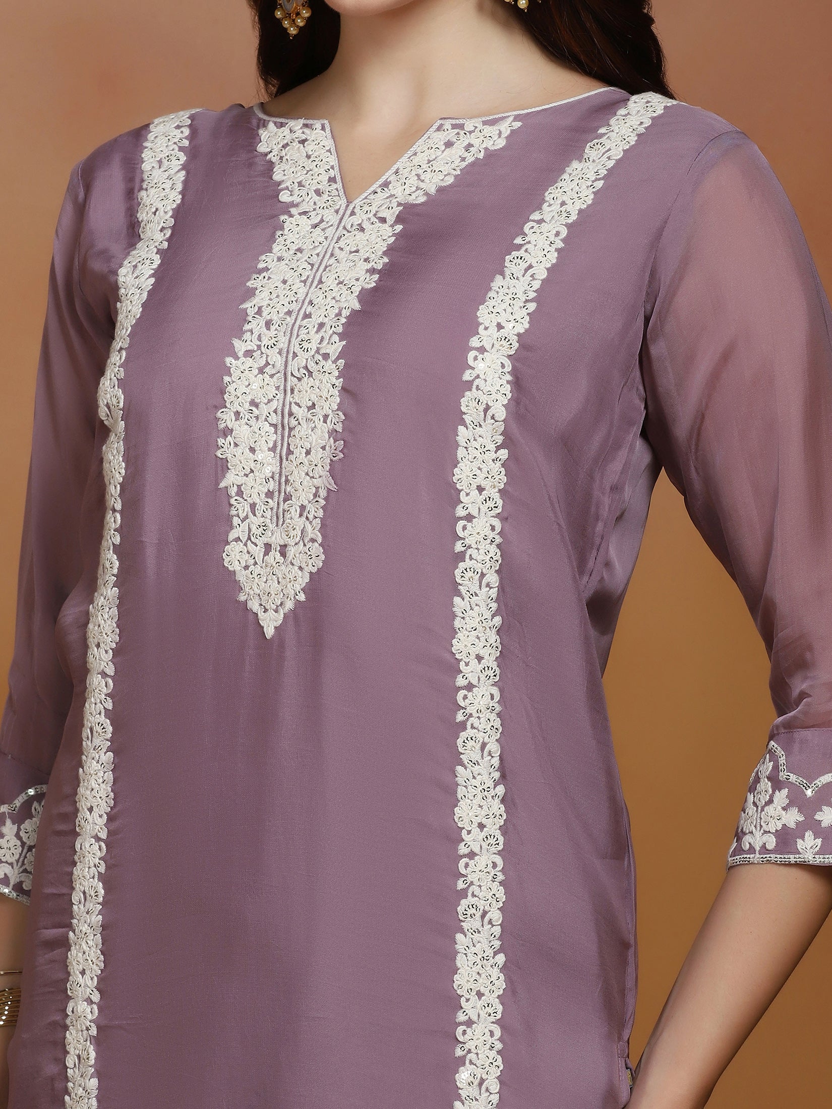 Women Viscose Organza Lilac Embroidered Kurta Comfort Pant Dupatta