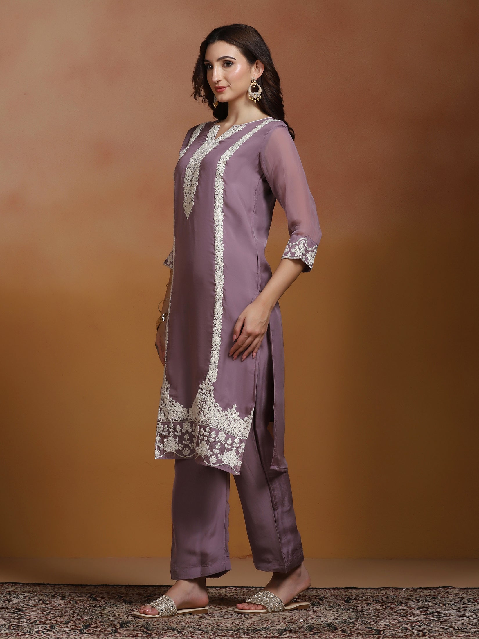 Women Viscose Organza Lilac Embroidered Kurta Comfort Pant Dupatta