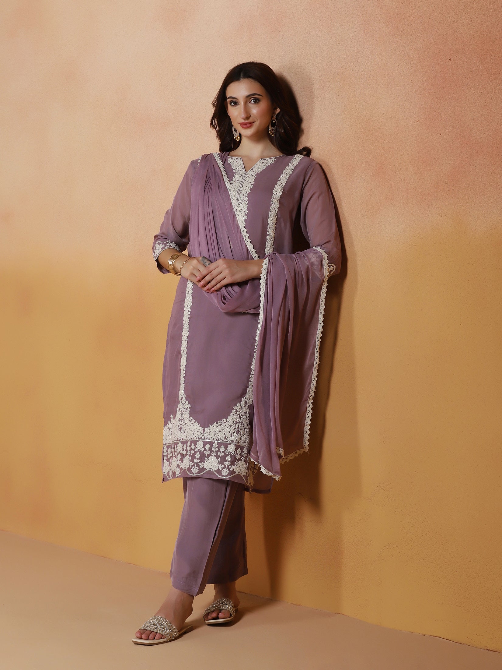 Women Viscose Organza Lilac Embroidered Kurta Comfort Pant Dupatta