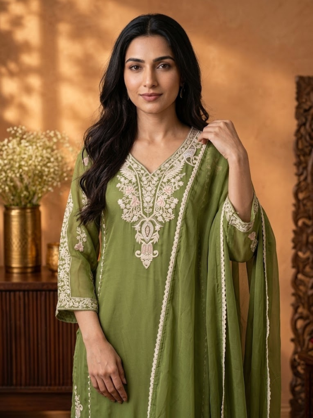 Women Olive Green Embroidered Kurta Comfort Pant Dupatta