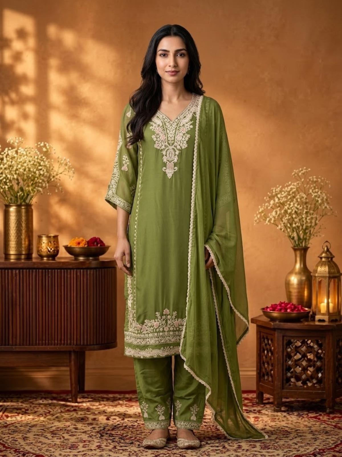 Women Olive Green Embroidered Kurta Comfort Pant Dupatta