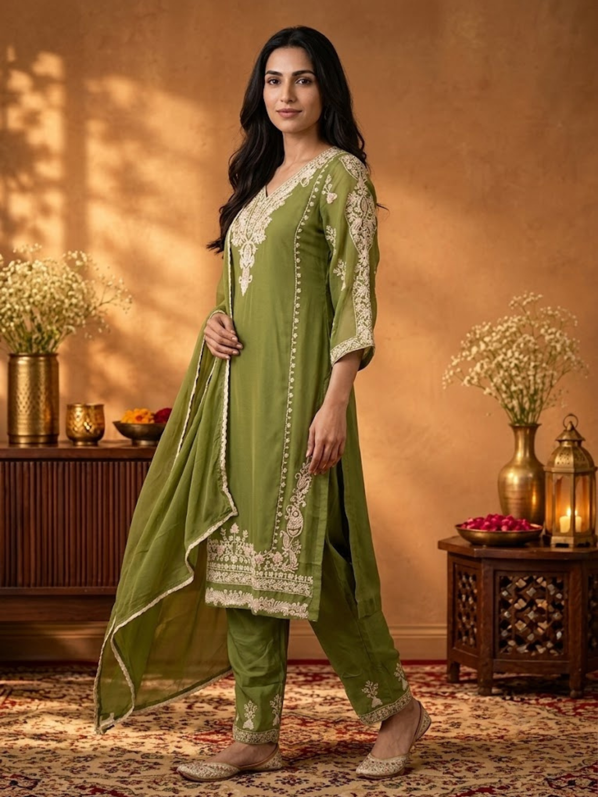 Women Olive Green Embroidered Kurta Comfort Pant Dupatta