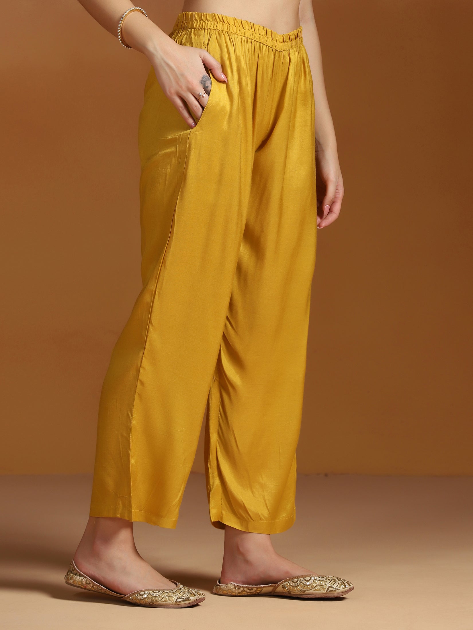 Natural Crepe Mustard Printed Kurta Comfort Pant Dupatta