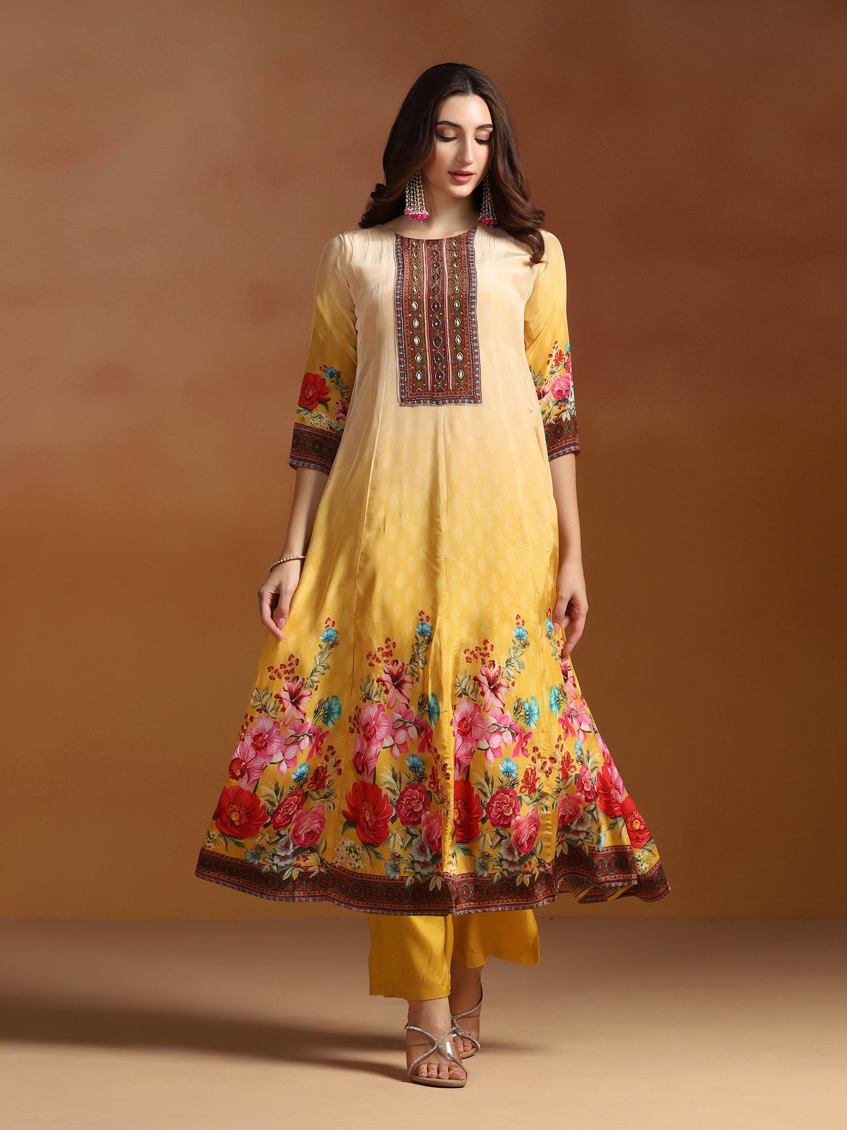 Natural Crepe Mustard Printed Kurta Comfort Pant Dupatta