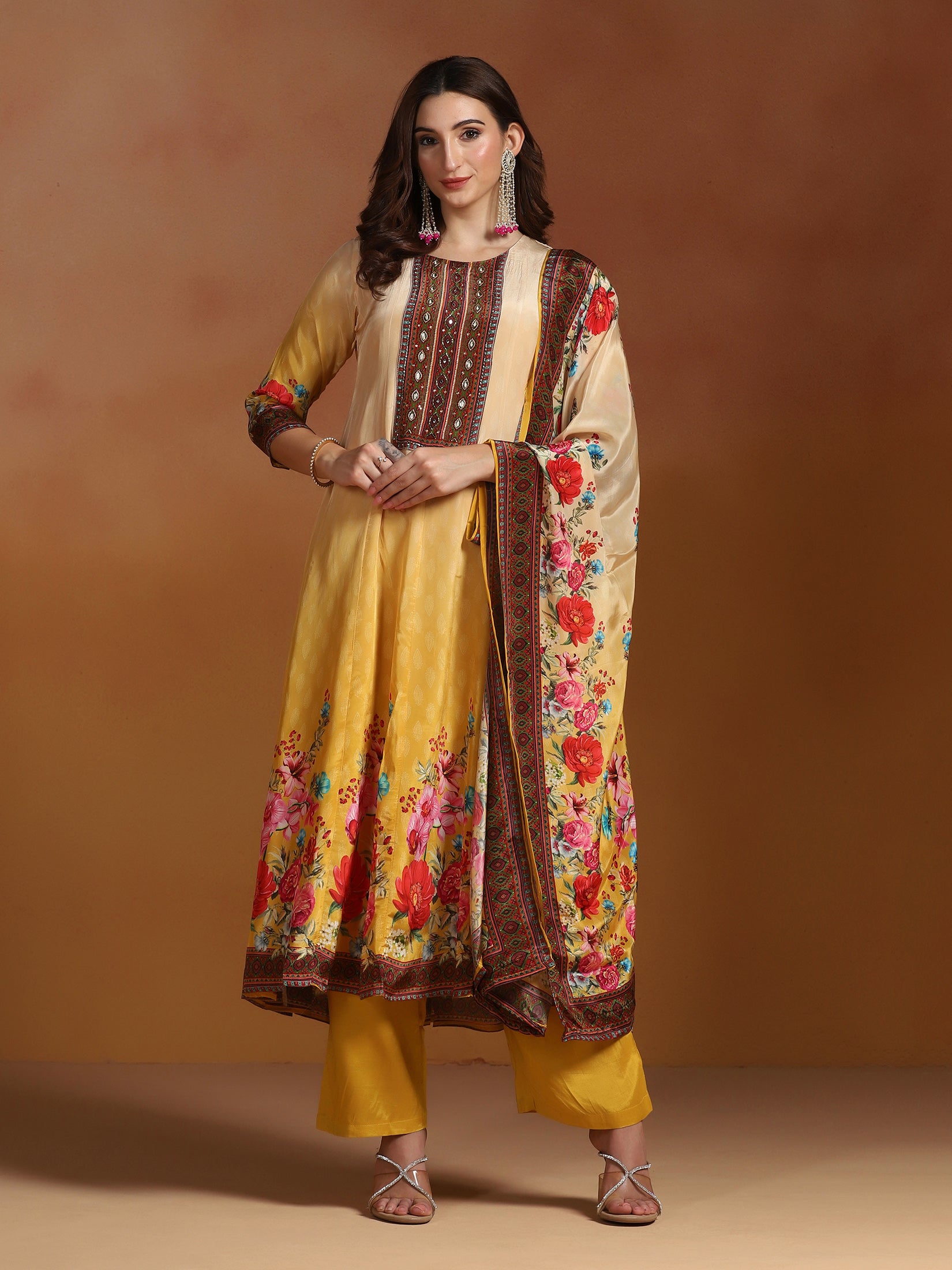 Natural Crepe Mustard Printed Kurta Comfort Pant Dupatta