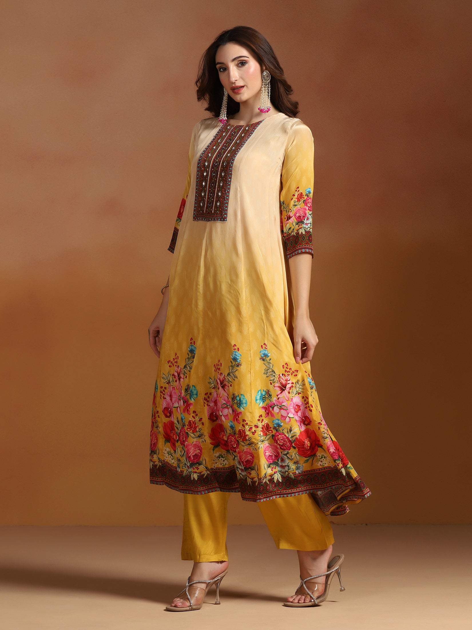 Natural Crepe Mustard Printed Kurta Comfort Pant Dupatta