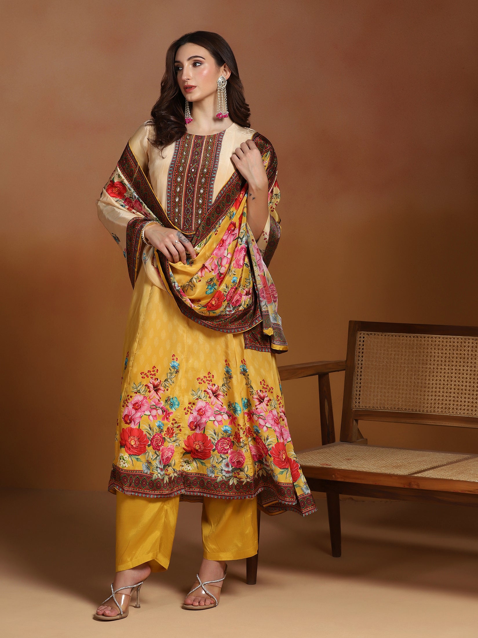 Natural Crepe Mustard Printed Kurta Comfort Pant Dupatta