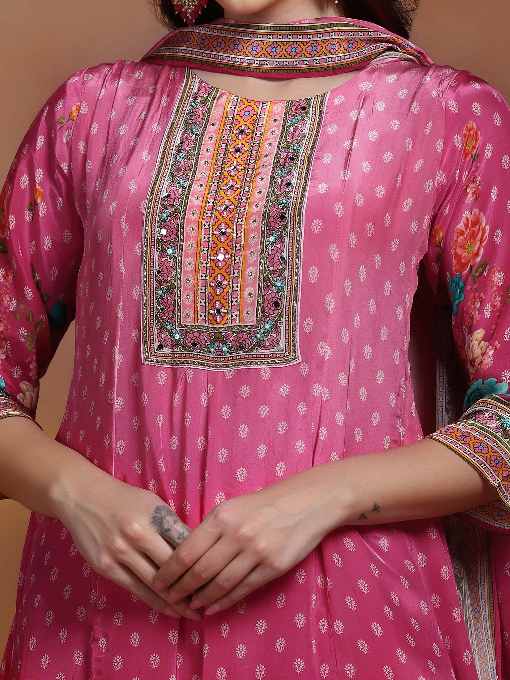 Women Natural Crepe Mustard Printed Kurta Comfort Pant With Dupatta