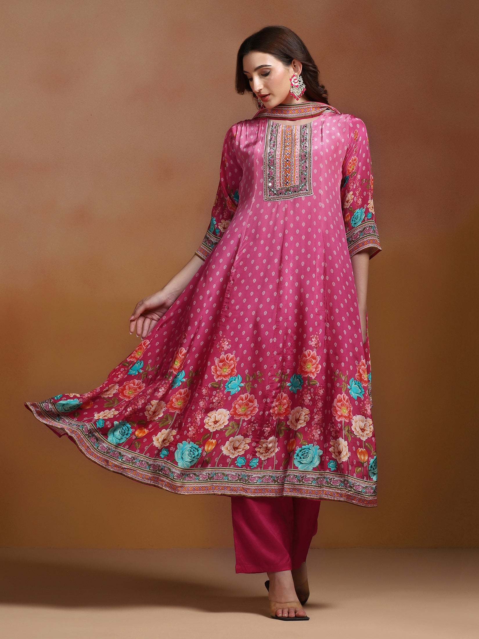 Women Natural Crepe Mustard Printed Kurta Comfort Pant With Dupatta