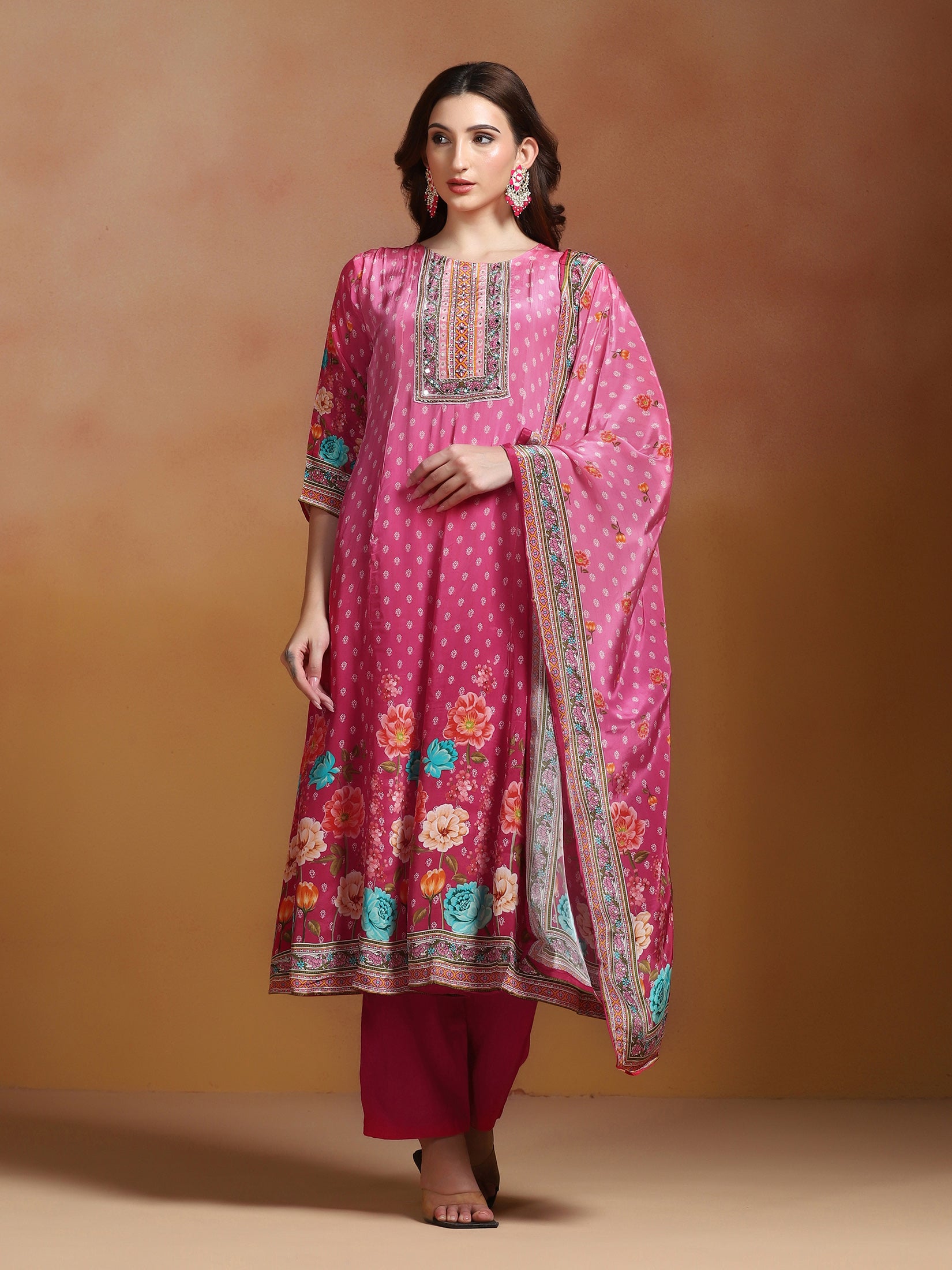 Women Natural Crepe Mustard Printed Kurta Comfort Pant With Dupatta