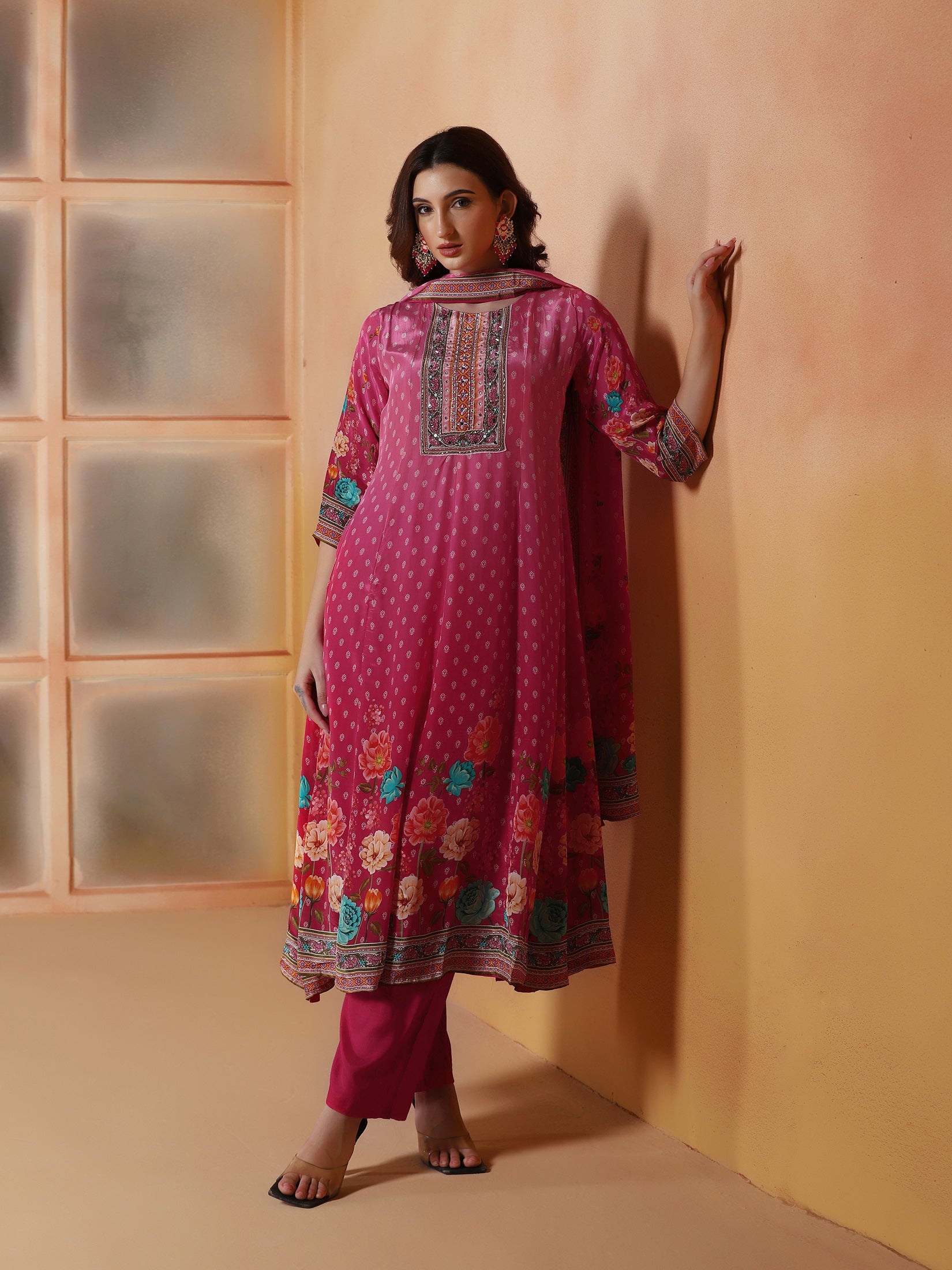Women Natural Crepe Mustard Printed Kurta Comfort Pant With Dupatta