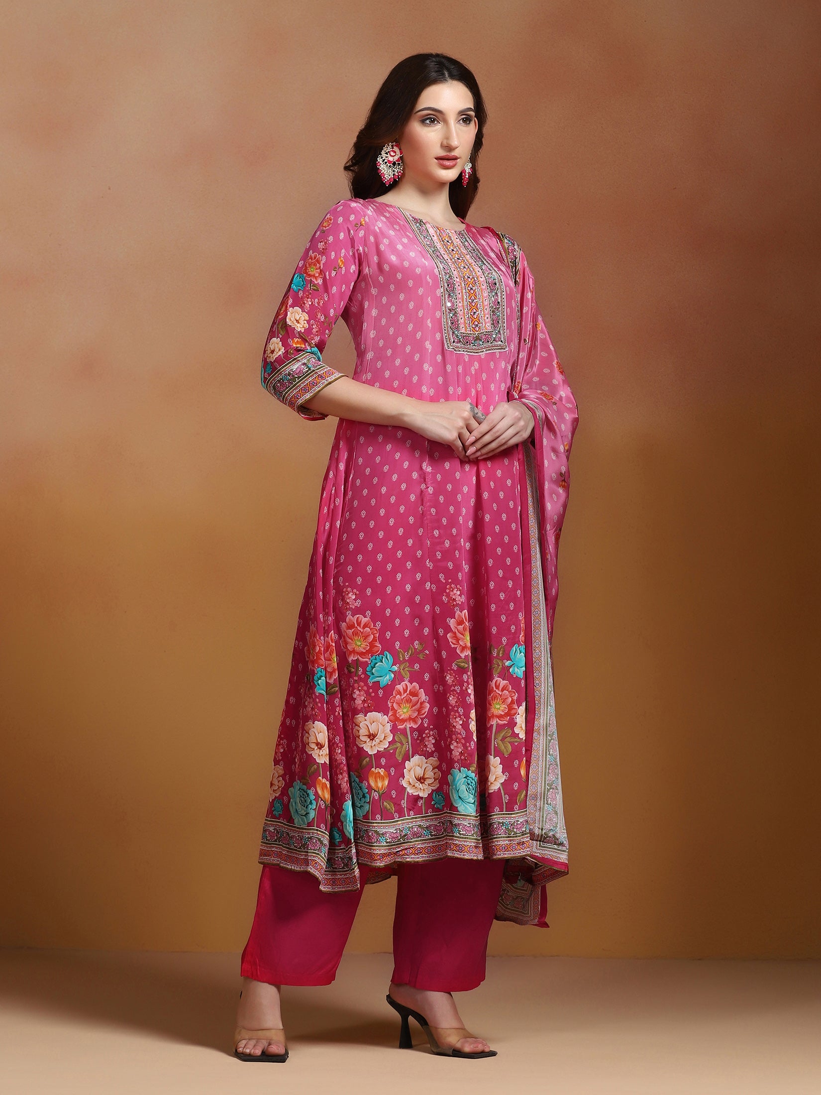 Women Natural Crepe Mustard Printed Kurta Comfort Pant With Dupatta