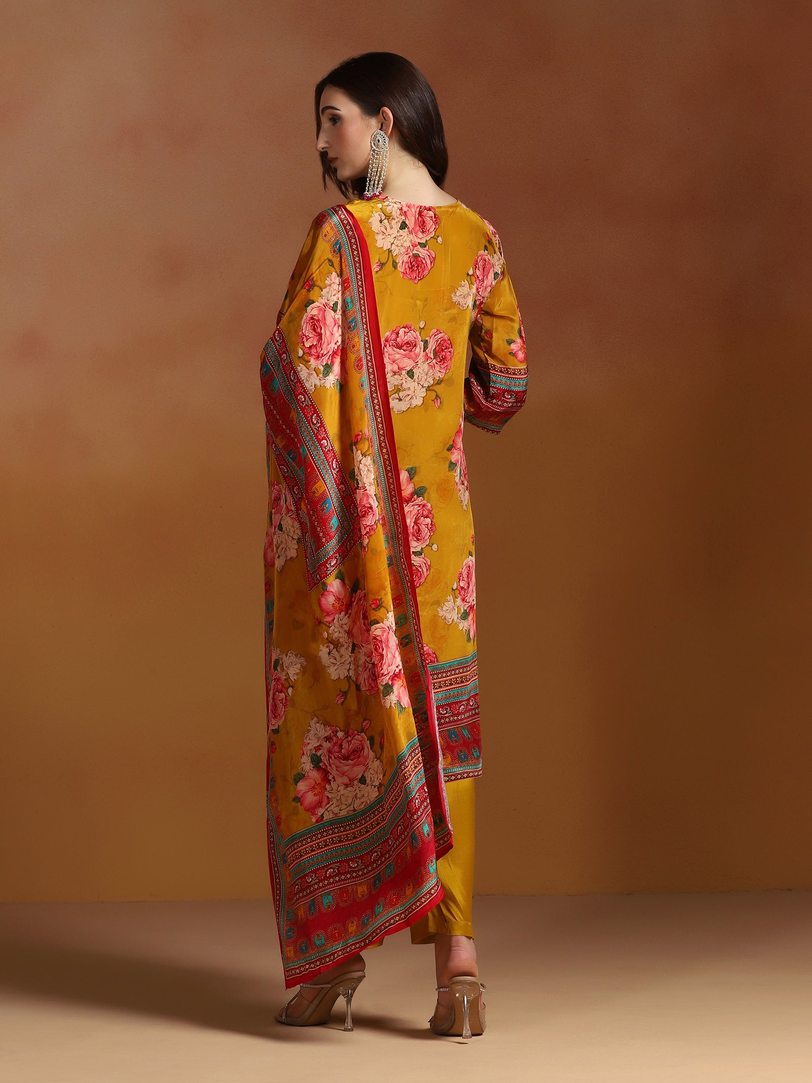 Women Natural Crepe Mustard Printed Kurta Comfort Pant Dupatta