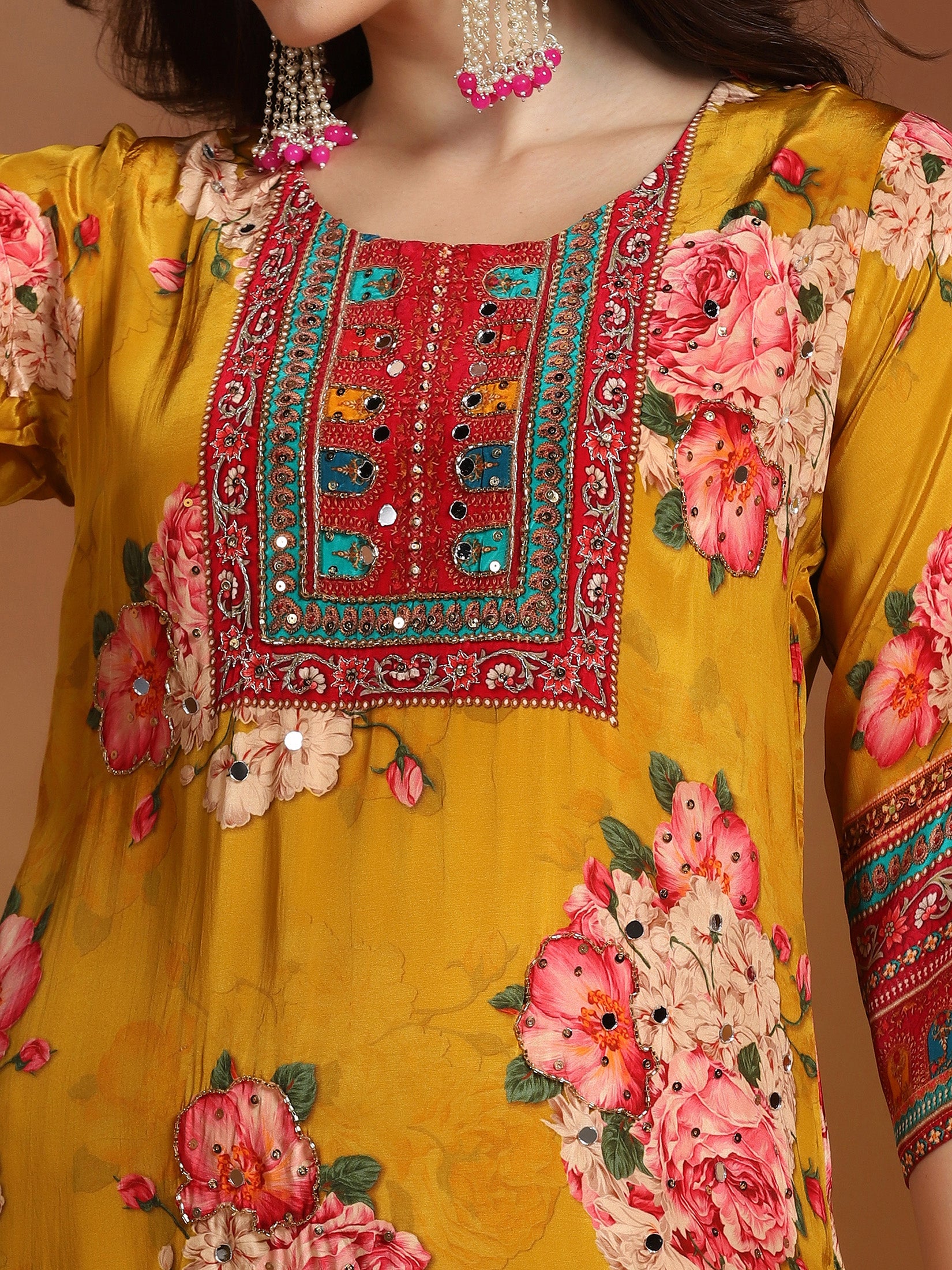 Women Natural Crepe Mustard Printed Kurta Comfort Pant Dupatta
