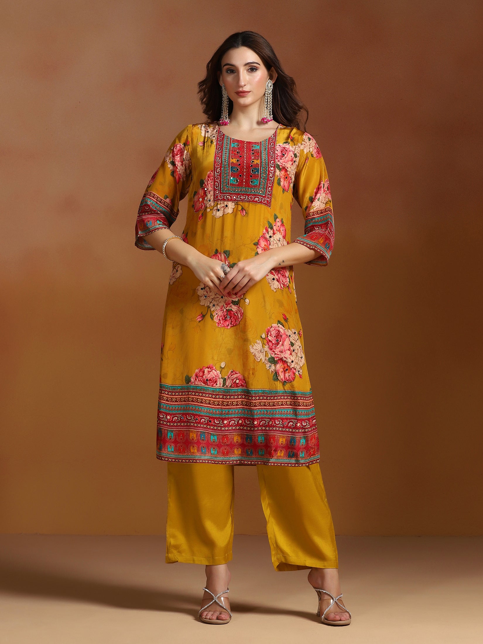 Women Natural Crepe Mustard Printed Kurta Comfort Pant Dupatta