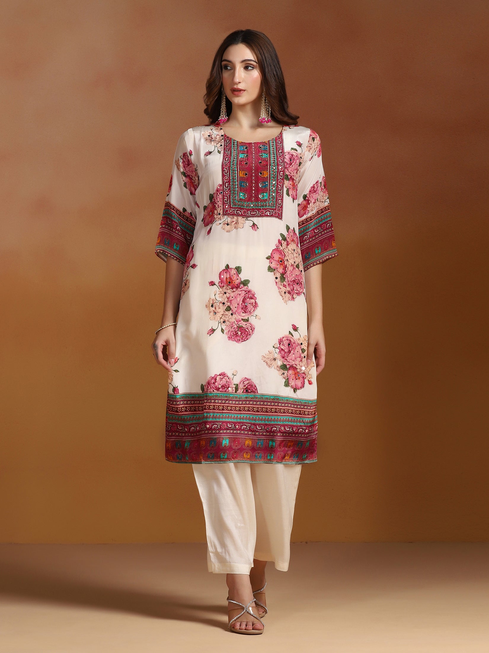 Women Natural Crepe Off White Printed Kurta Comfort Pant Dupatta