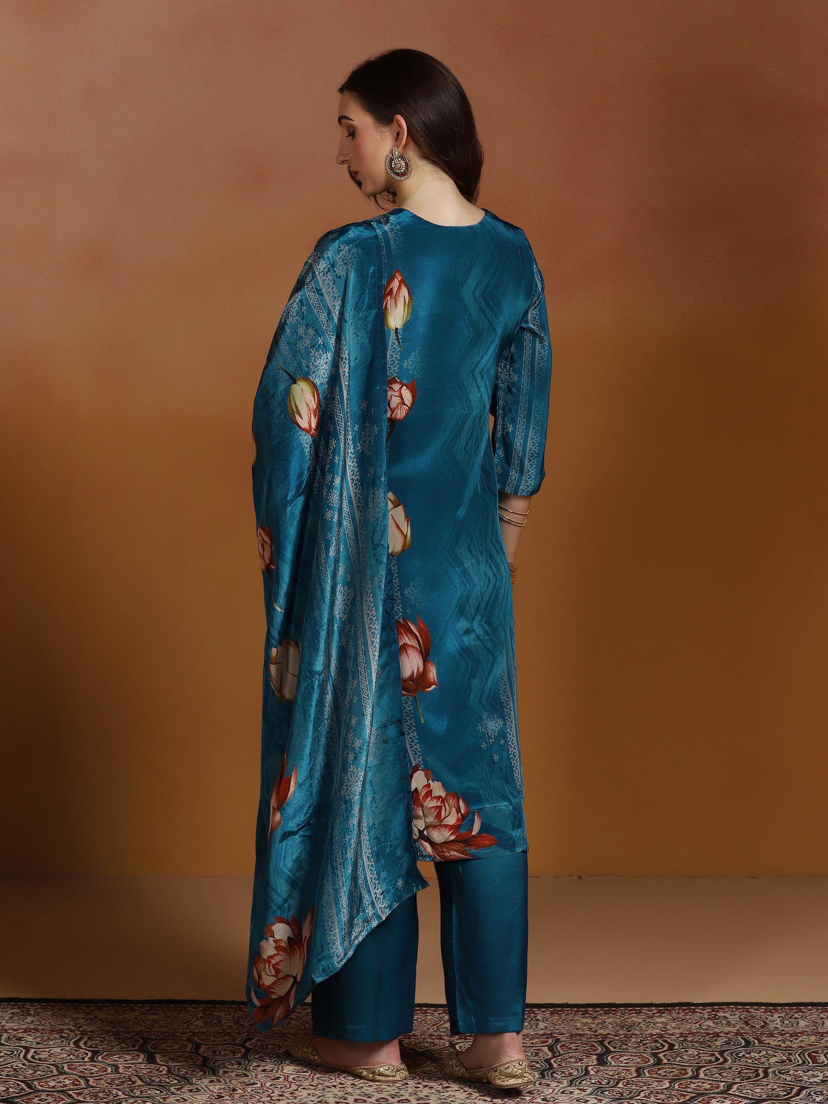 Women Natural Crepe Blue Printed Kurta Comfort Pant Dupatta