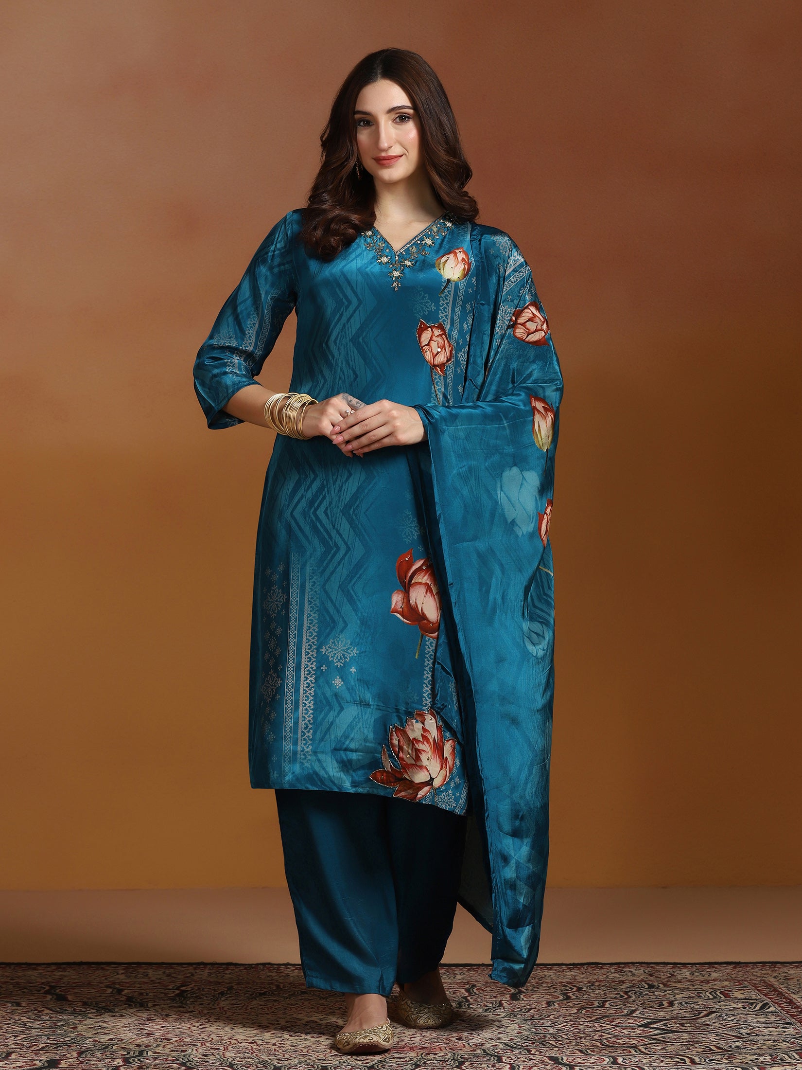 Women Natural Crepe Blue Printed Kurta Comfort Pant Dupatta