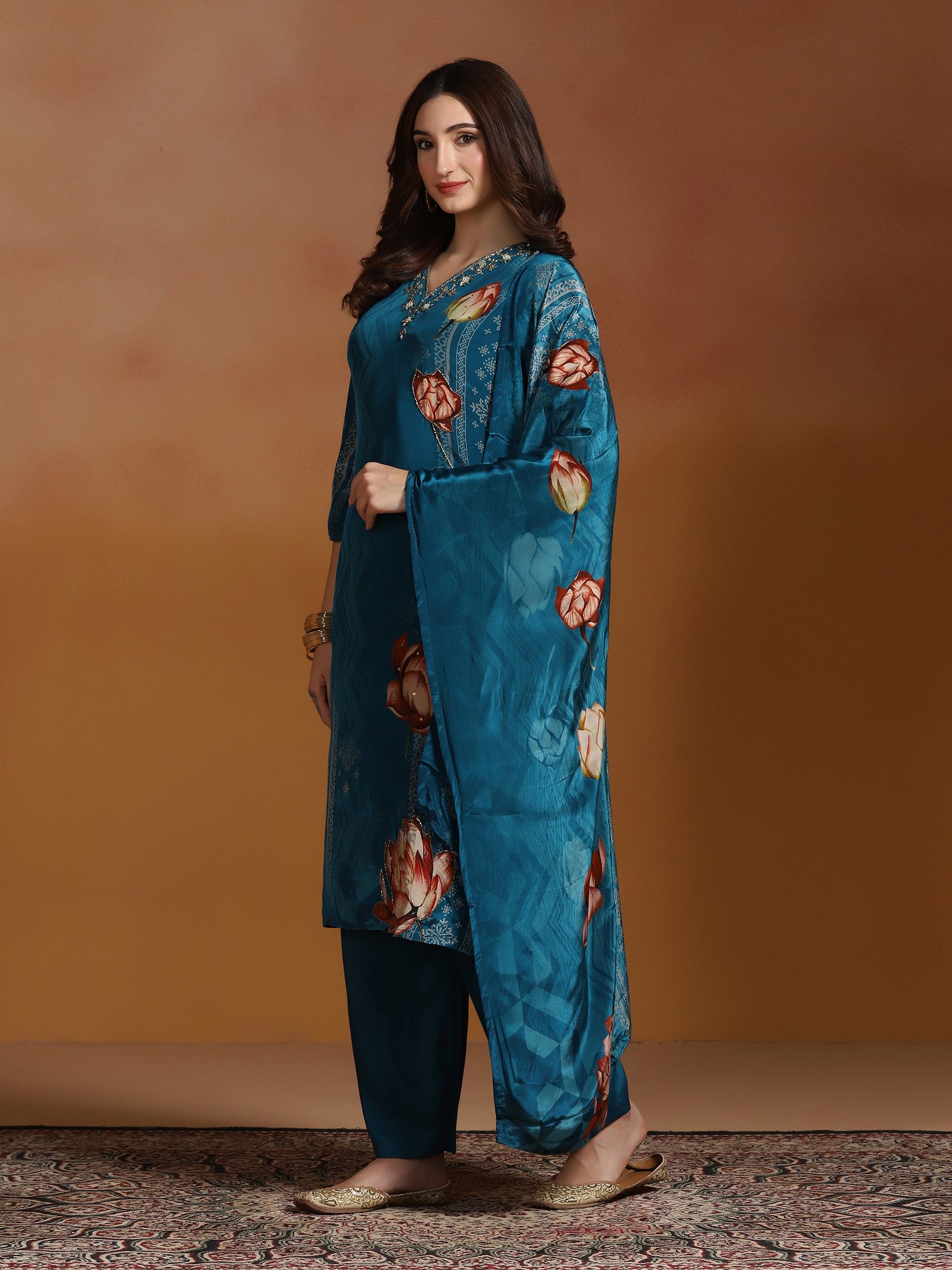 Women Natural Crepe Blue Printed Kurta Comfort Pant Dupatta