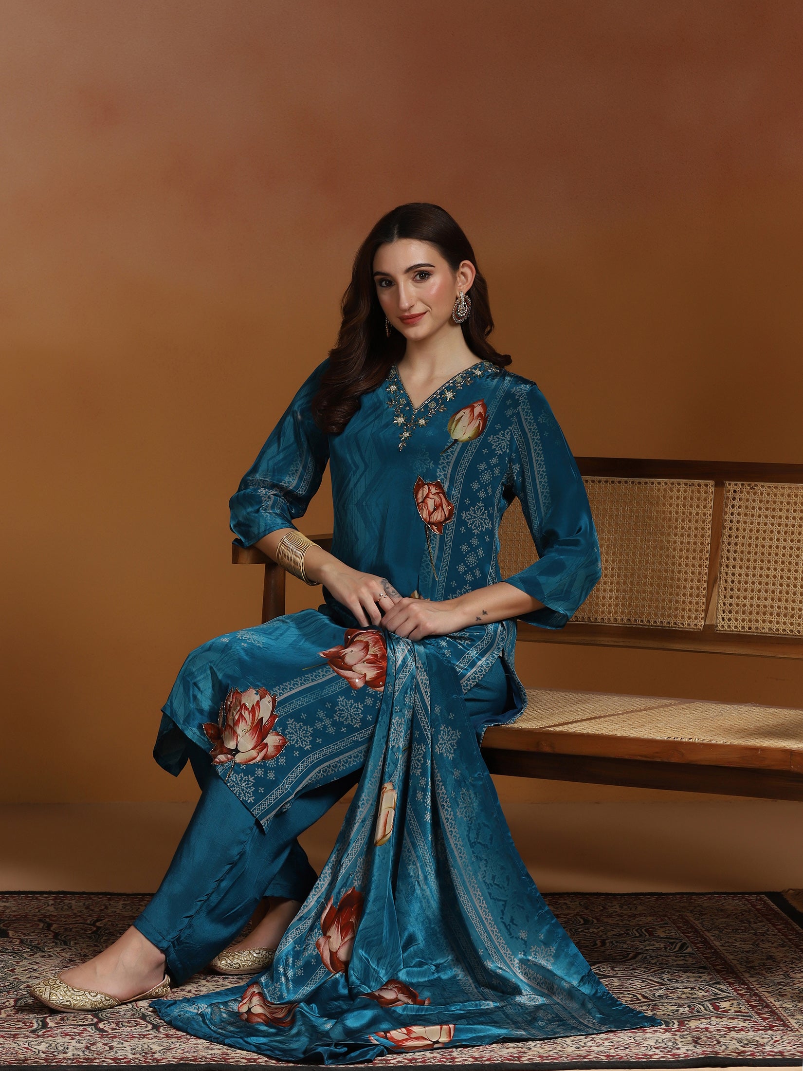 Women Natural Crepe Blue Printed Kurta Comfort Pant Dupatta