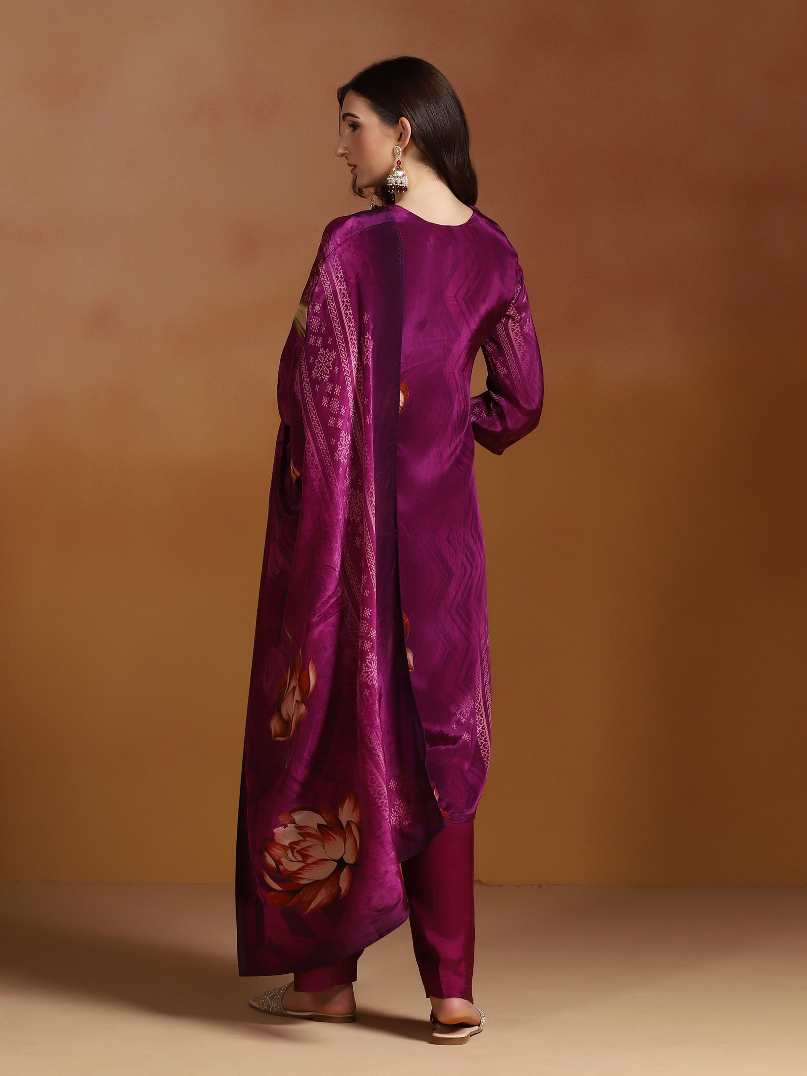Women Natural Crepe Purple Printed Kurta Comfort Pant Dupatta