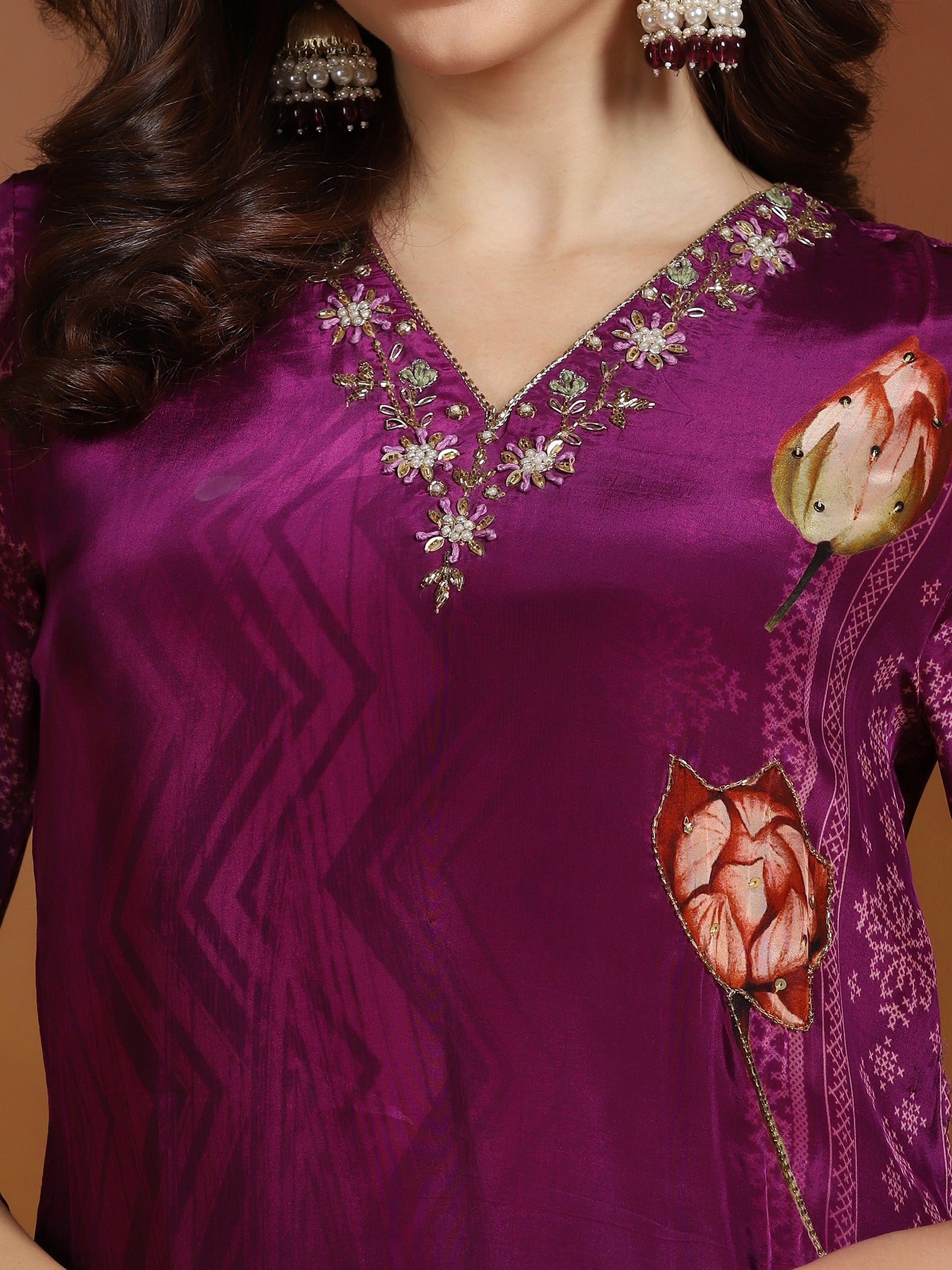 Women Natural Crepe Purple Printed Kurta Comfort Pant Dupatta