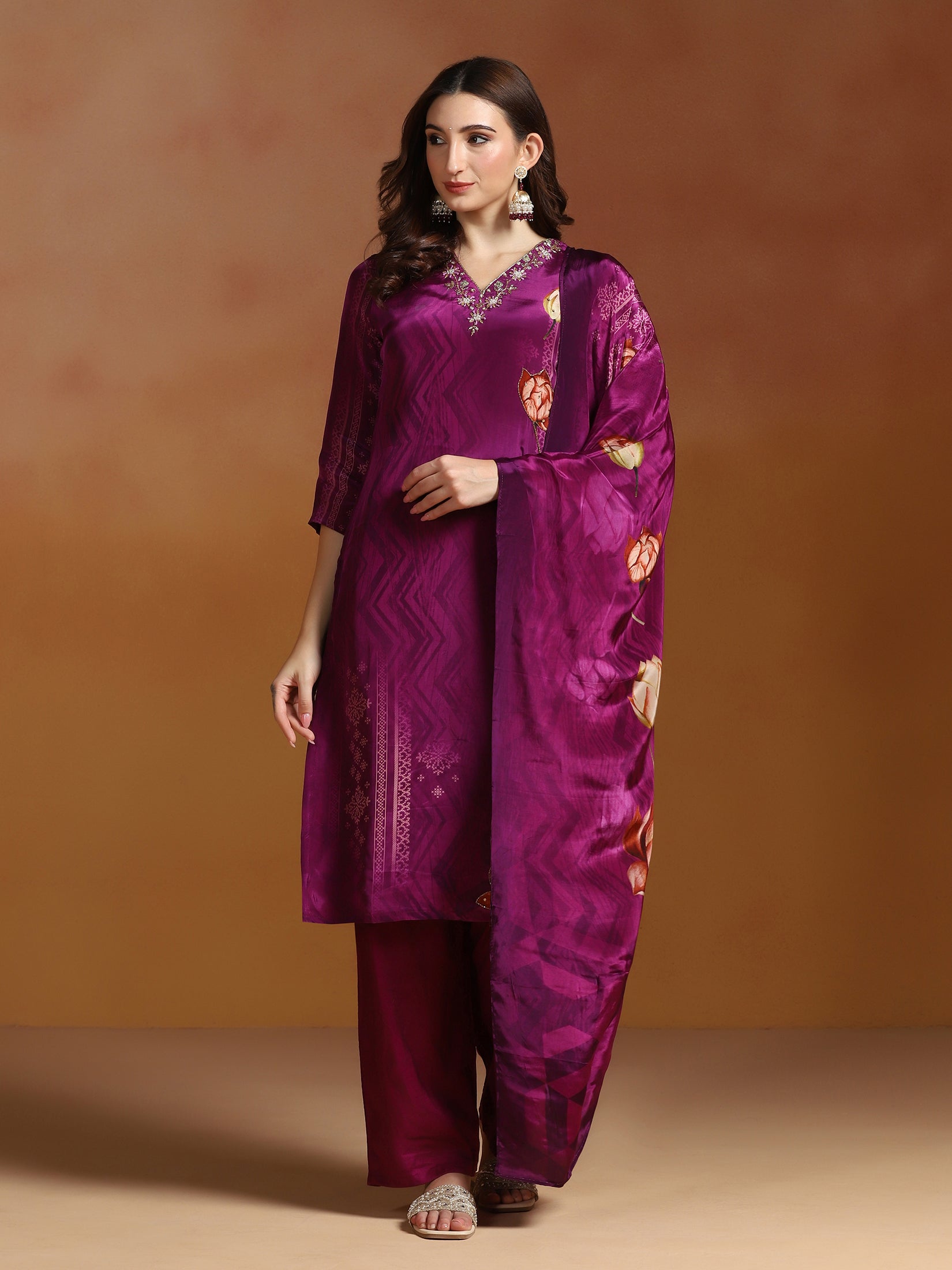 Women Natural Crepe Purple Printed Kurta Comfort Pant Dupatta
