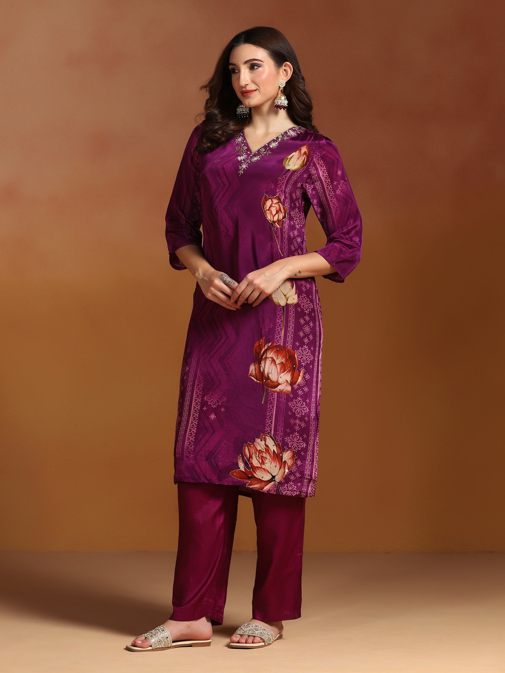 Women Natural Crepe Purple Printed Kurta Comfort Pant Dupatta