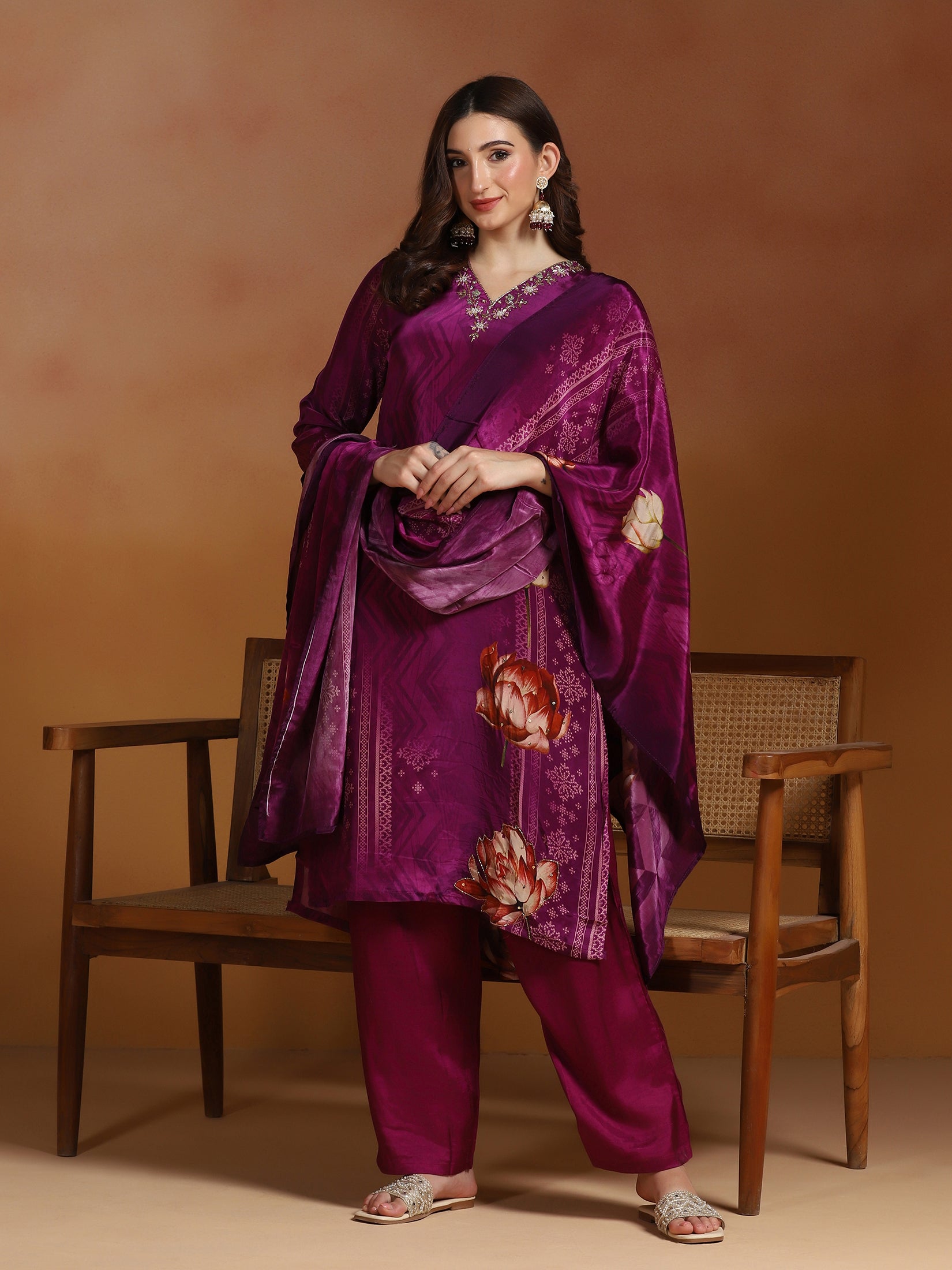 Women Natural Crepe Purple Printed Kurta Comfort Pant Dupatta