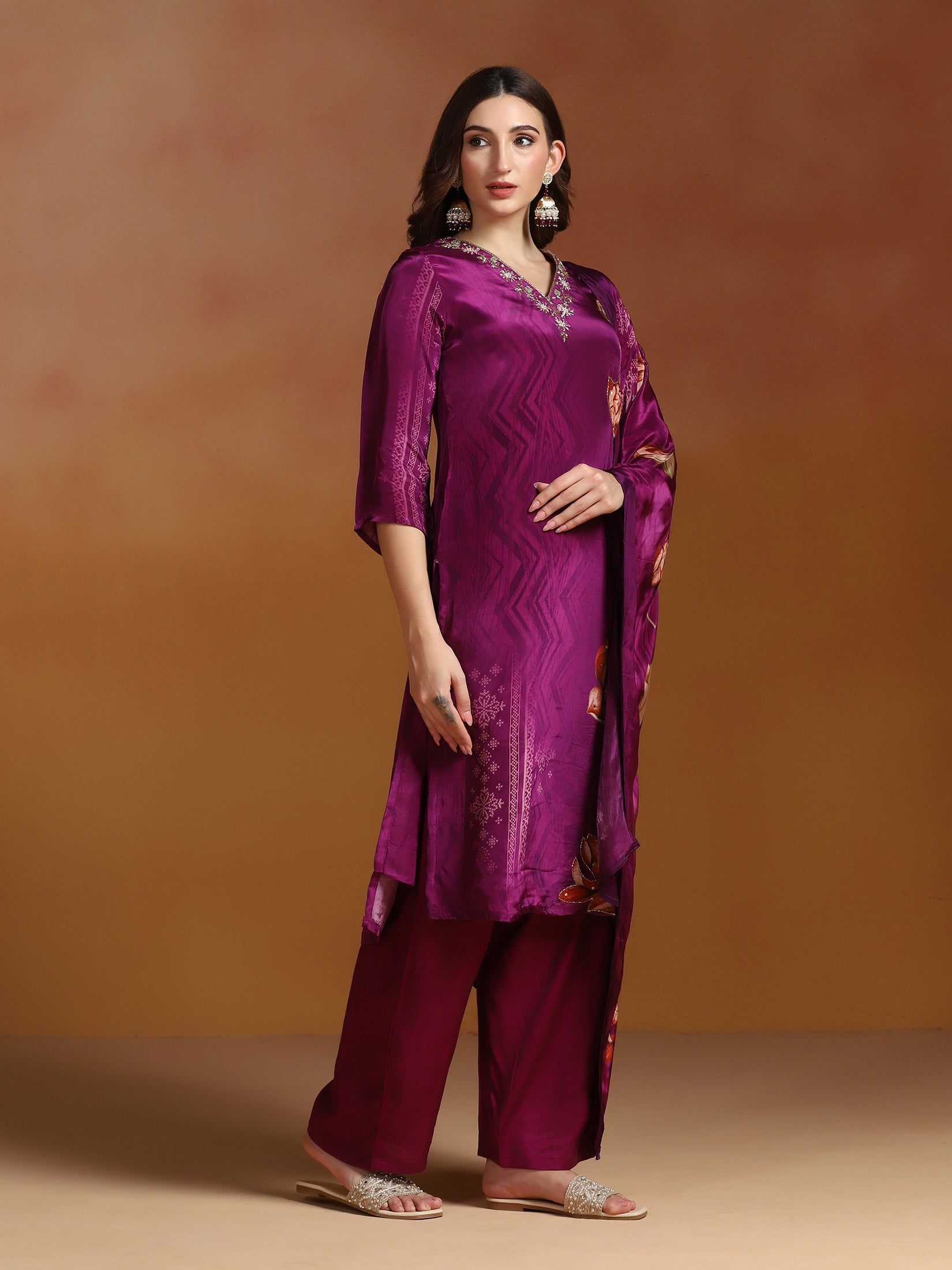 Women Natural Crepe Purple Printed Kurta Comfort Pant Dupatta