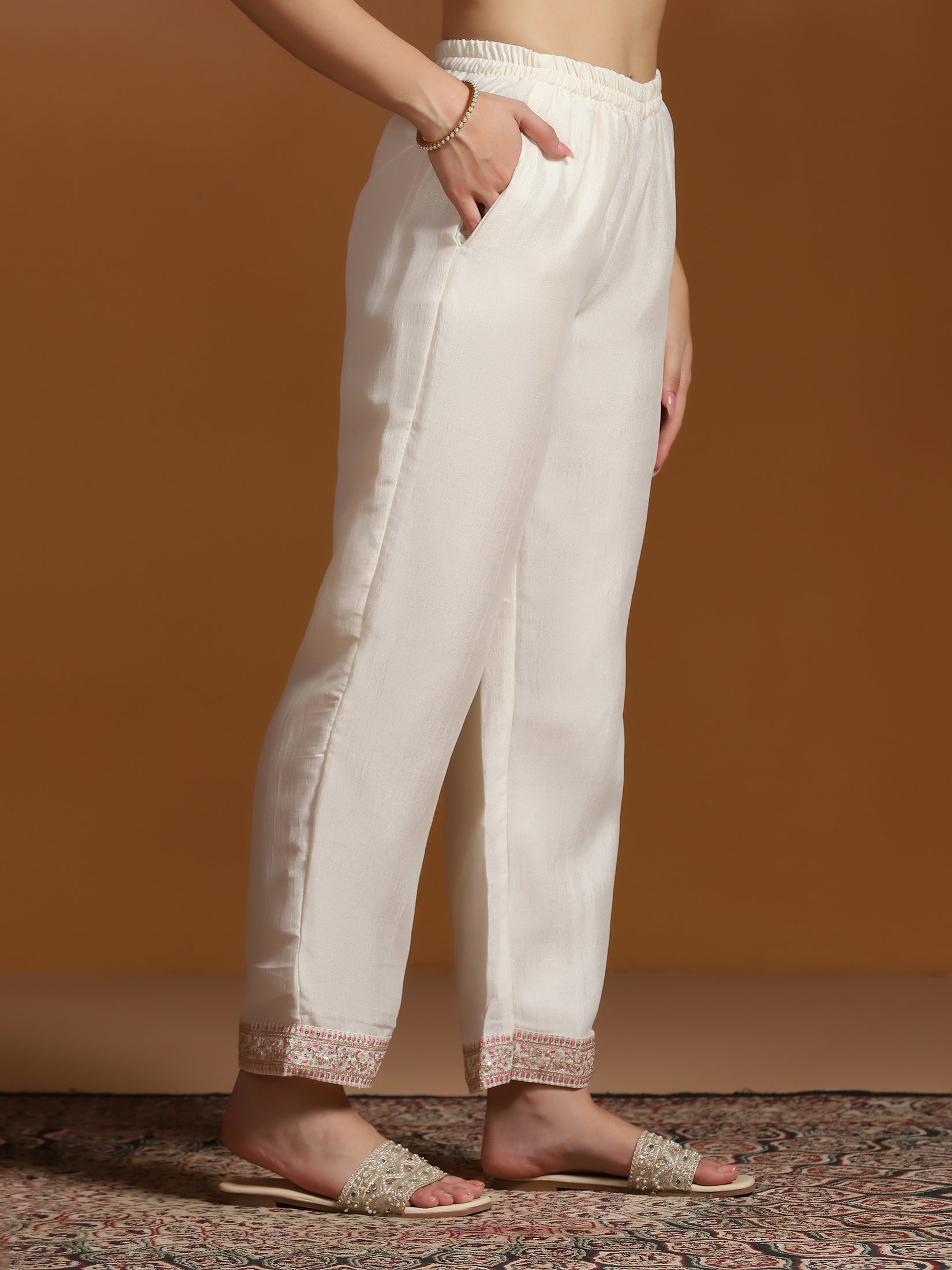 Women Chinon Off White Embroidered Kurta Comfort Pant Dupatta