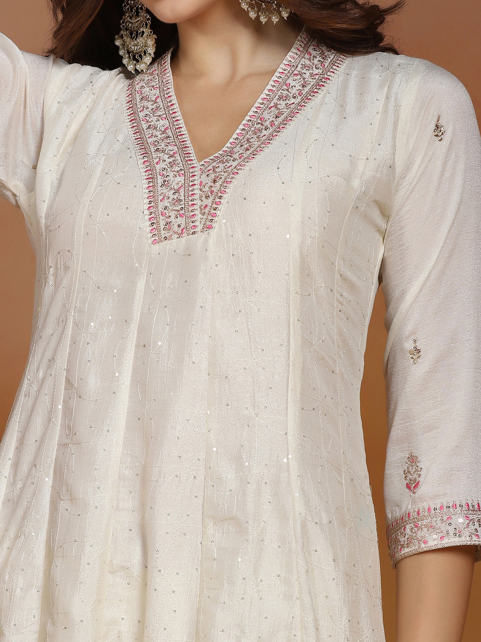 Women Chinon Off White Embroidered Kurta Comfort Pant Dupatta