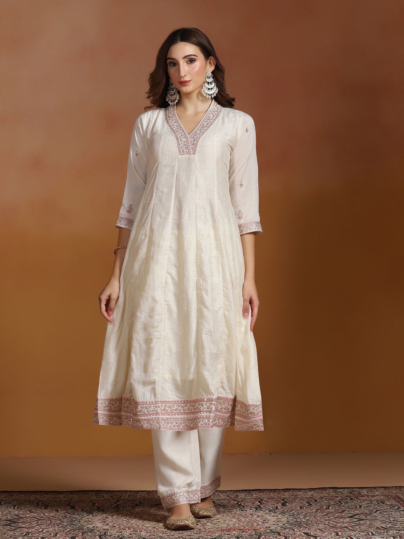 Women Chinon Off White Embroidered Kurta Comfort Pant Dupatta