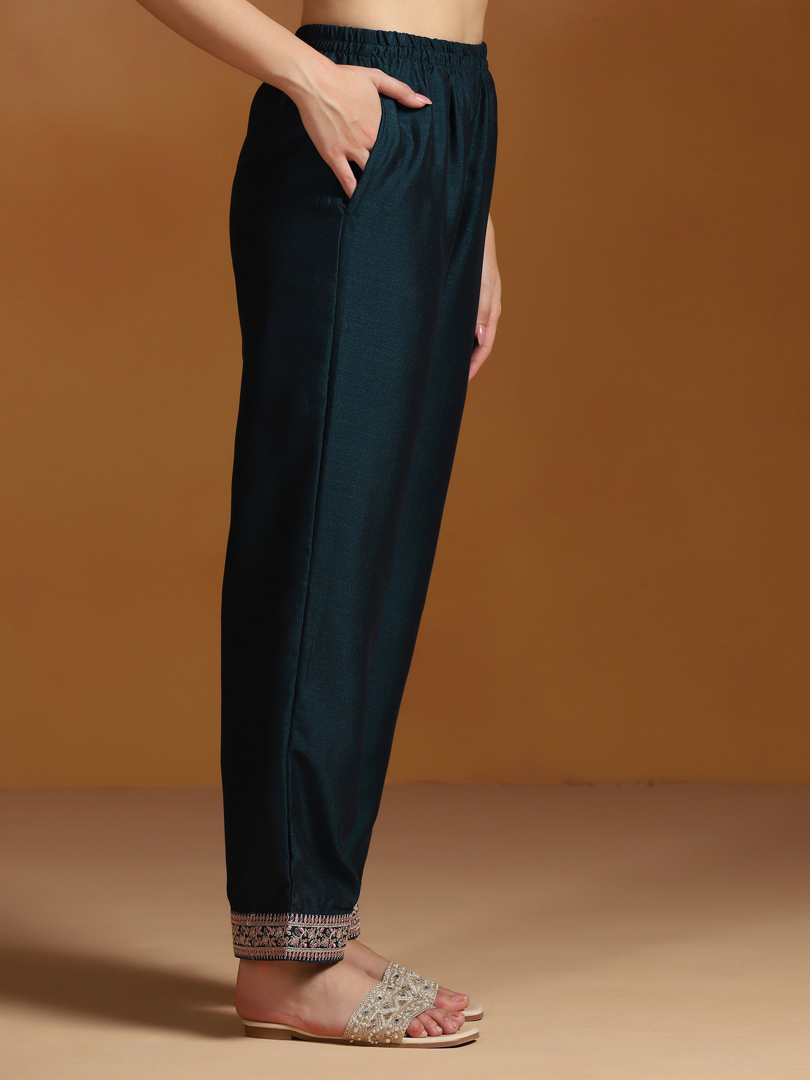 Women Chinon Peacock Blue Embroidered Kurta Comfort Pant Dupatta