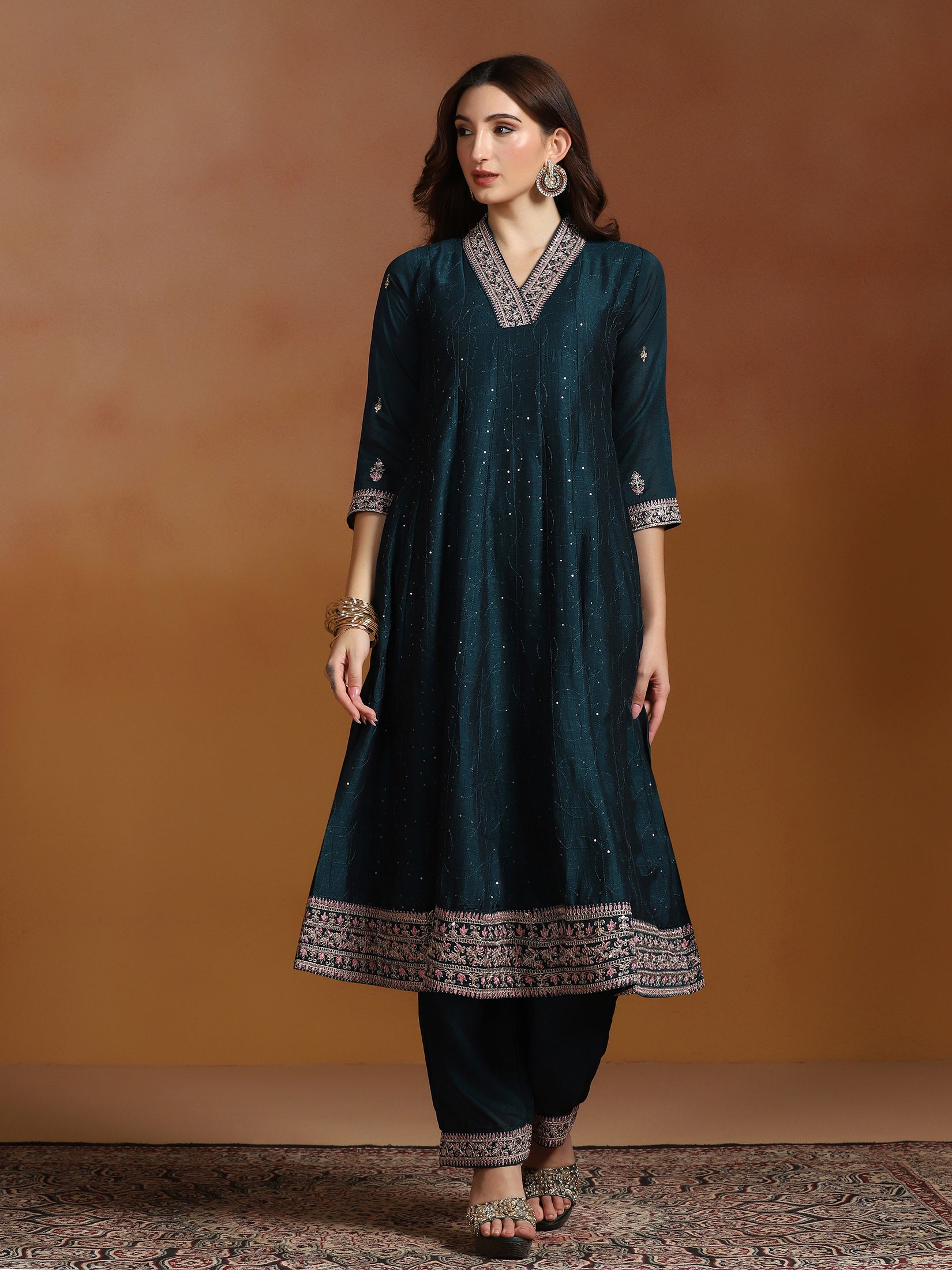 Women Chinon Peacock Blue Embroidered Kurta Comfort Pant Dupatta