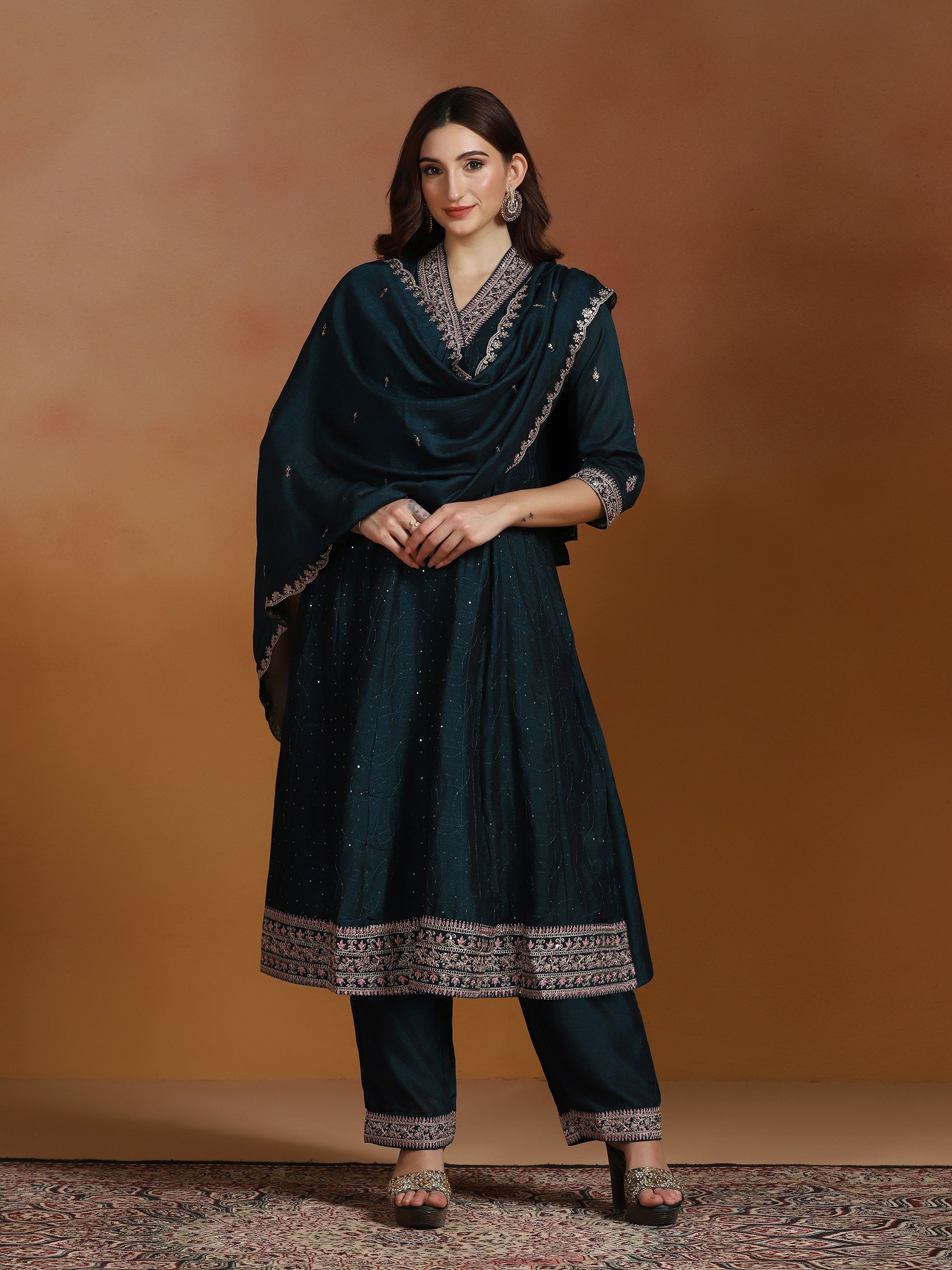Women Chinon Peacock Blue Embroidered Kurta Comfort Pant Dupatta