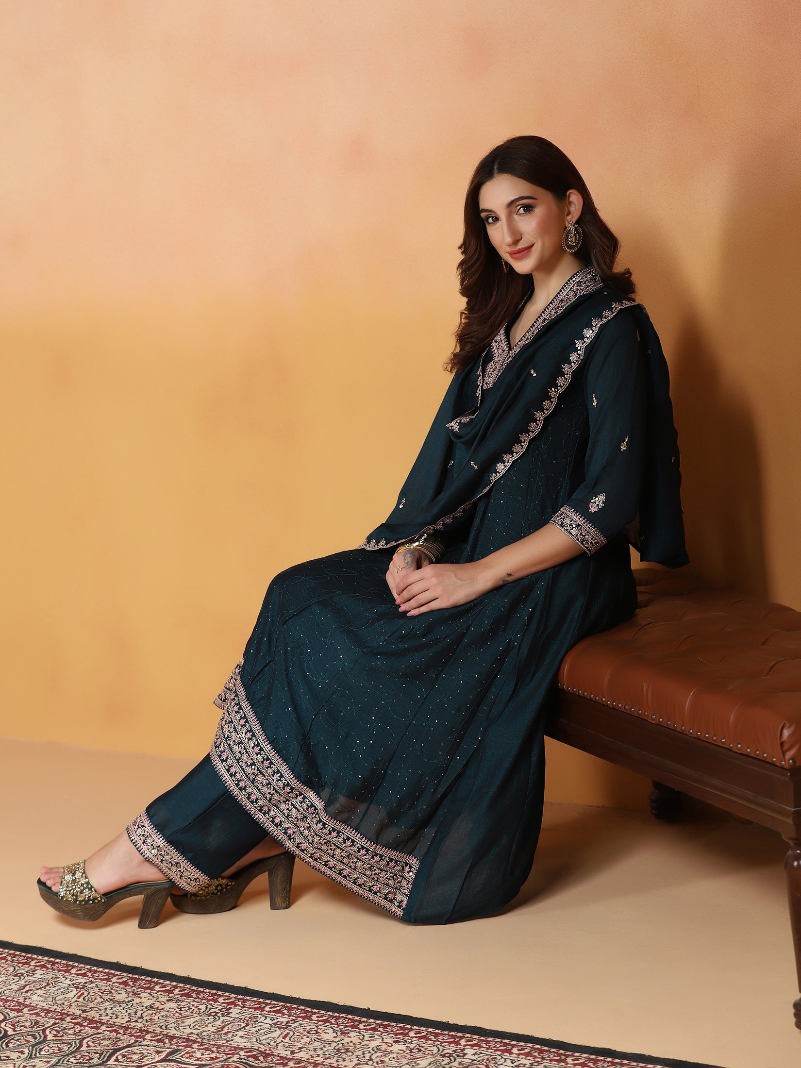 Women Chinon Peacock Blue Embroidered Kurta Comfort Pant Dupatta