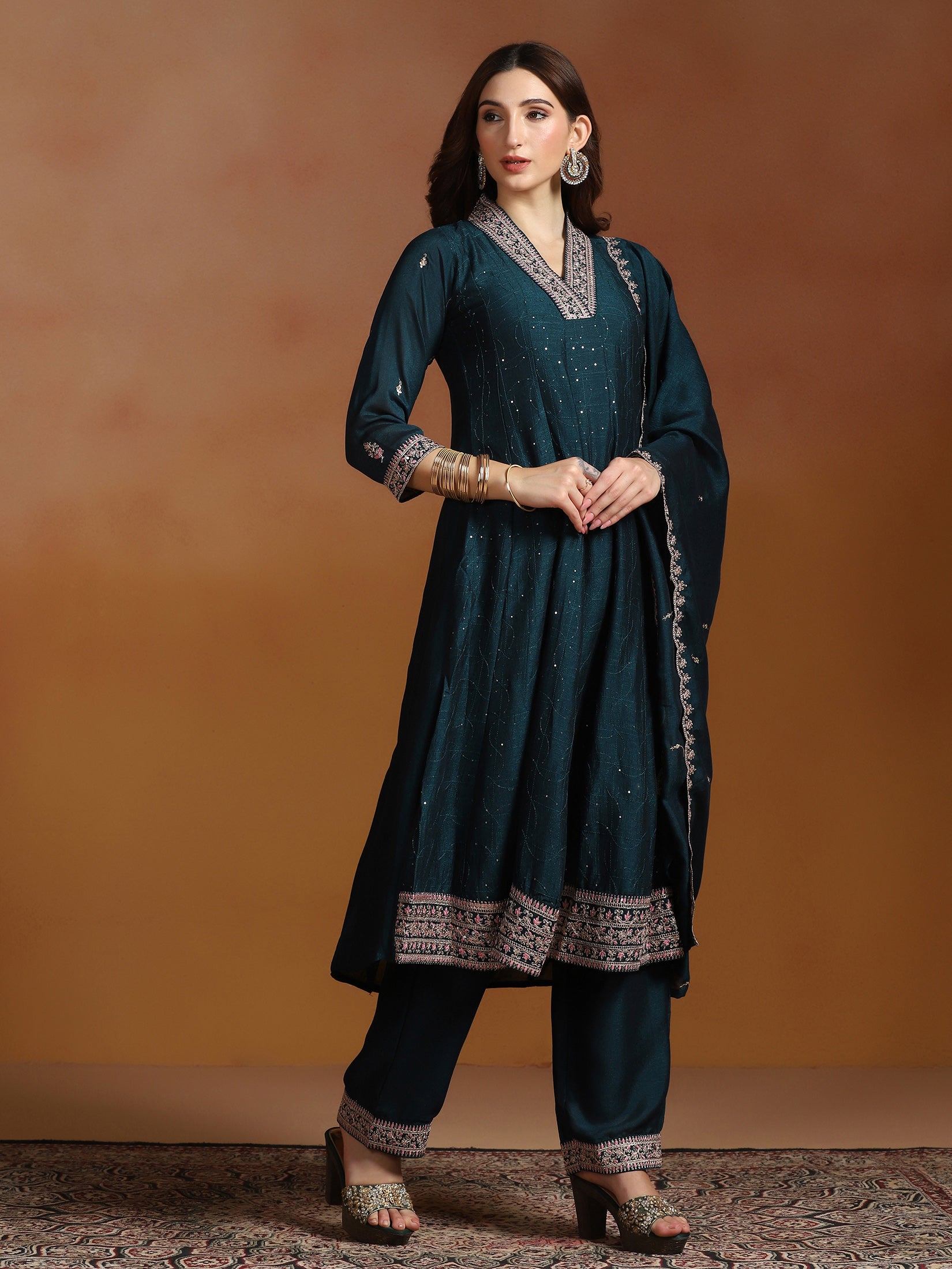 Women Chinon Peacock Blue Embroidered Kurta Comfort Pant Dupatta