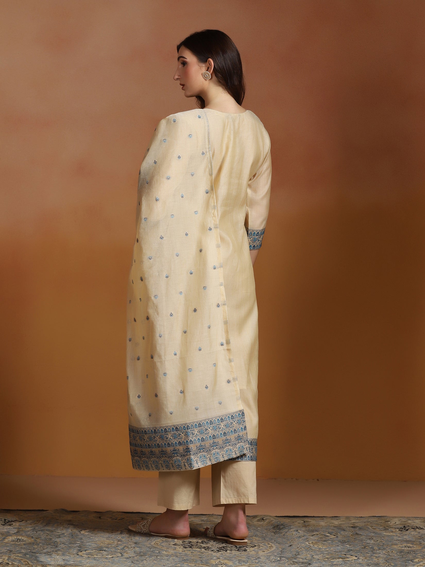 Women Beige Chanderi Jacquard Kurta Comfort Pant Dupatta
