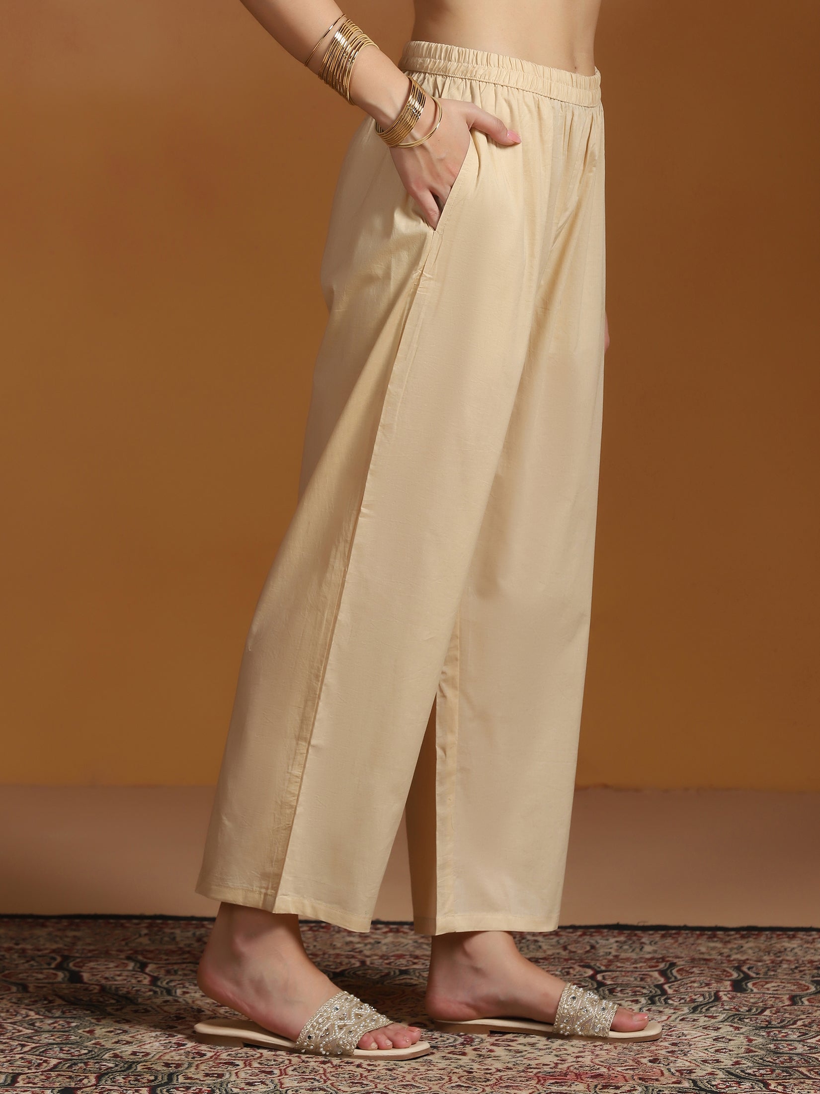 Women Beige Chanderi Jacquard Kurta Comfort Pant Dupatta