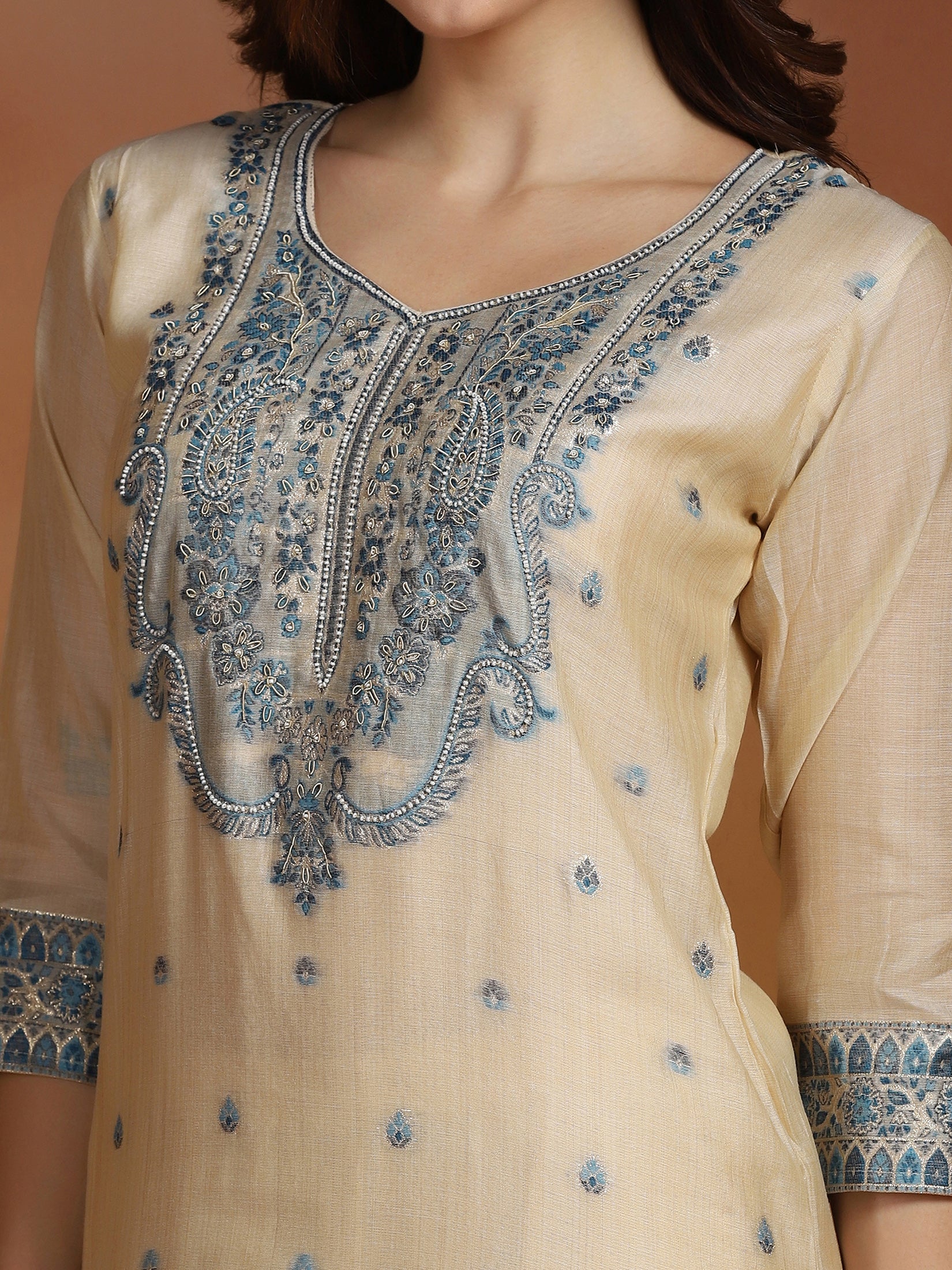 Women Beige Chanderi Jacquard Kurta Comfort Pant Dupatta