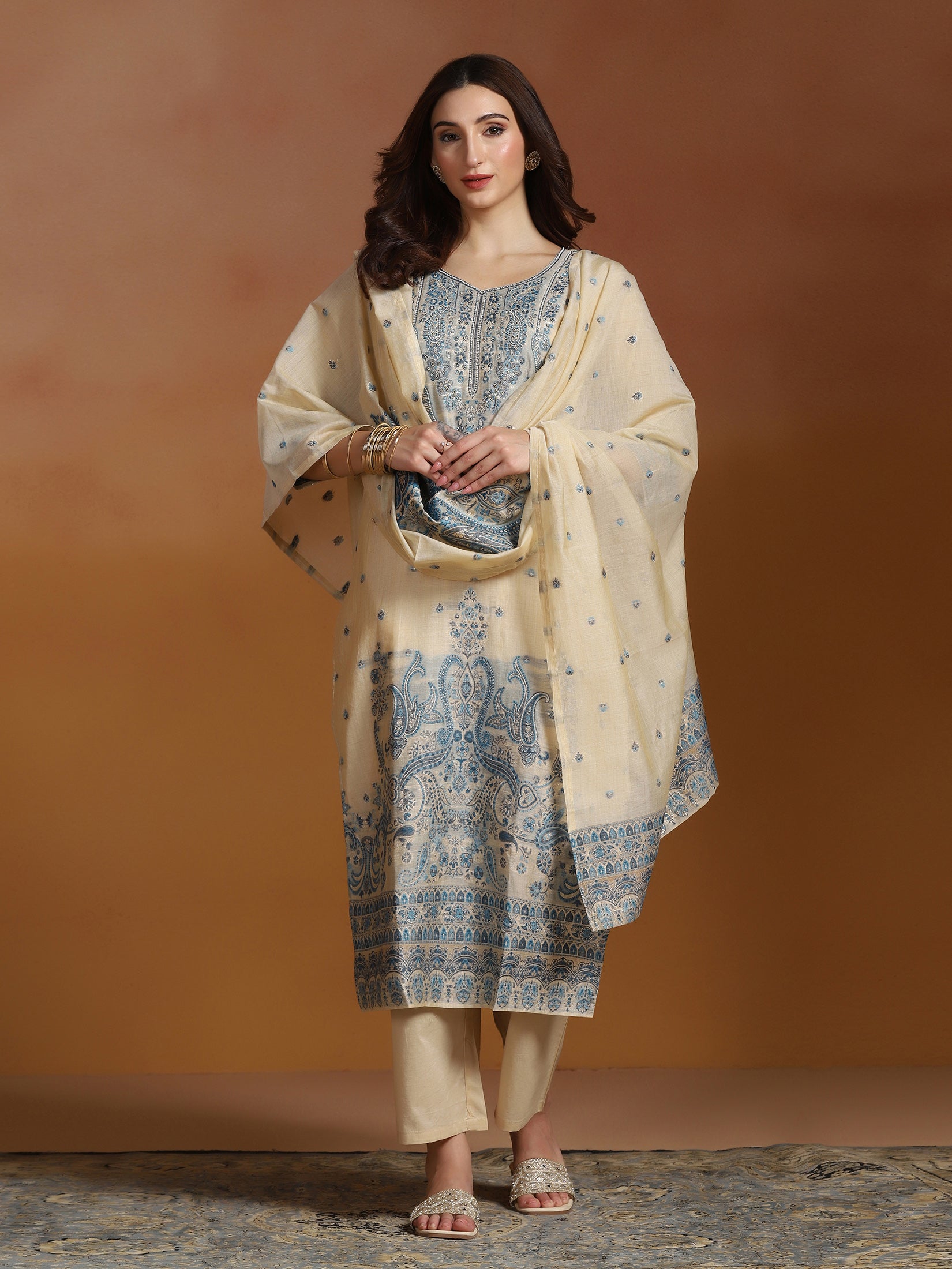 Women Beige Chanderi Jacquard Kurta Comfort Pant Dupatta
