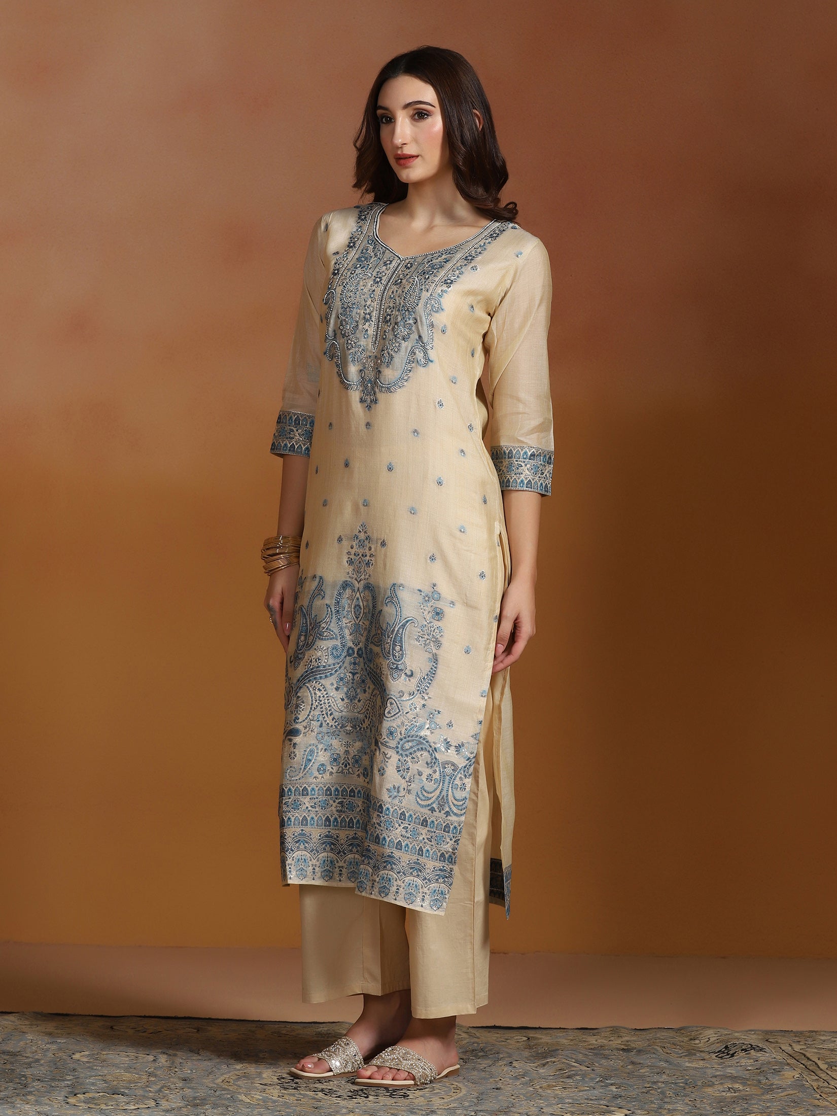 Women Beige Chanderi Jacquard Kurta Comfort Pant Dupatta