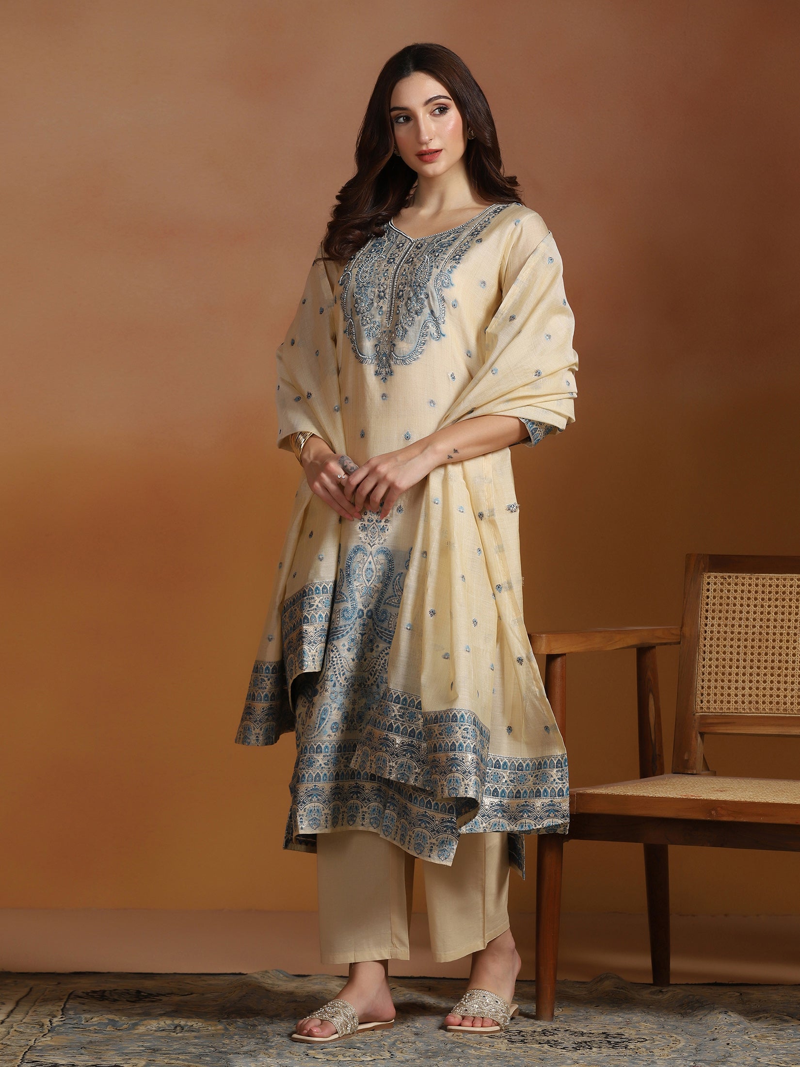 Women Beige Chanderi Jacquard Kurta Comfort Pant Dupatta
