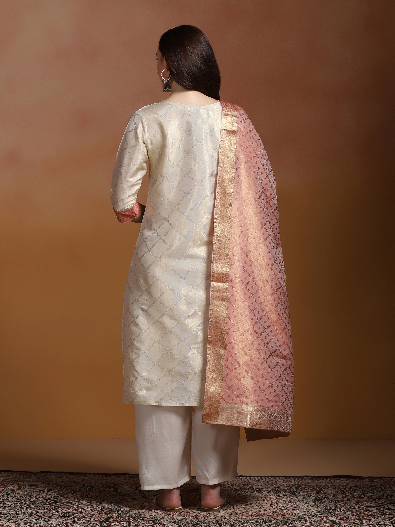 Women Off White Jacquard Kurta Comfort Pant Dupatta