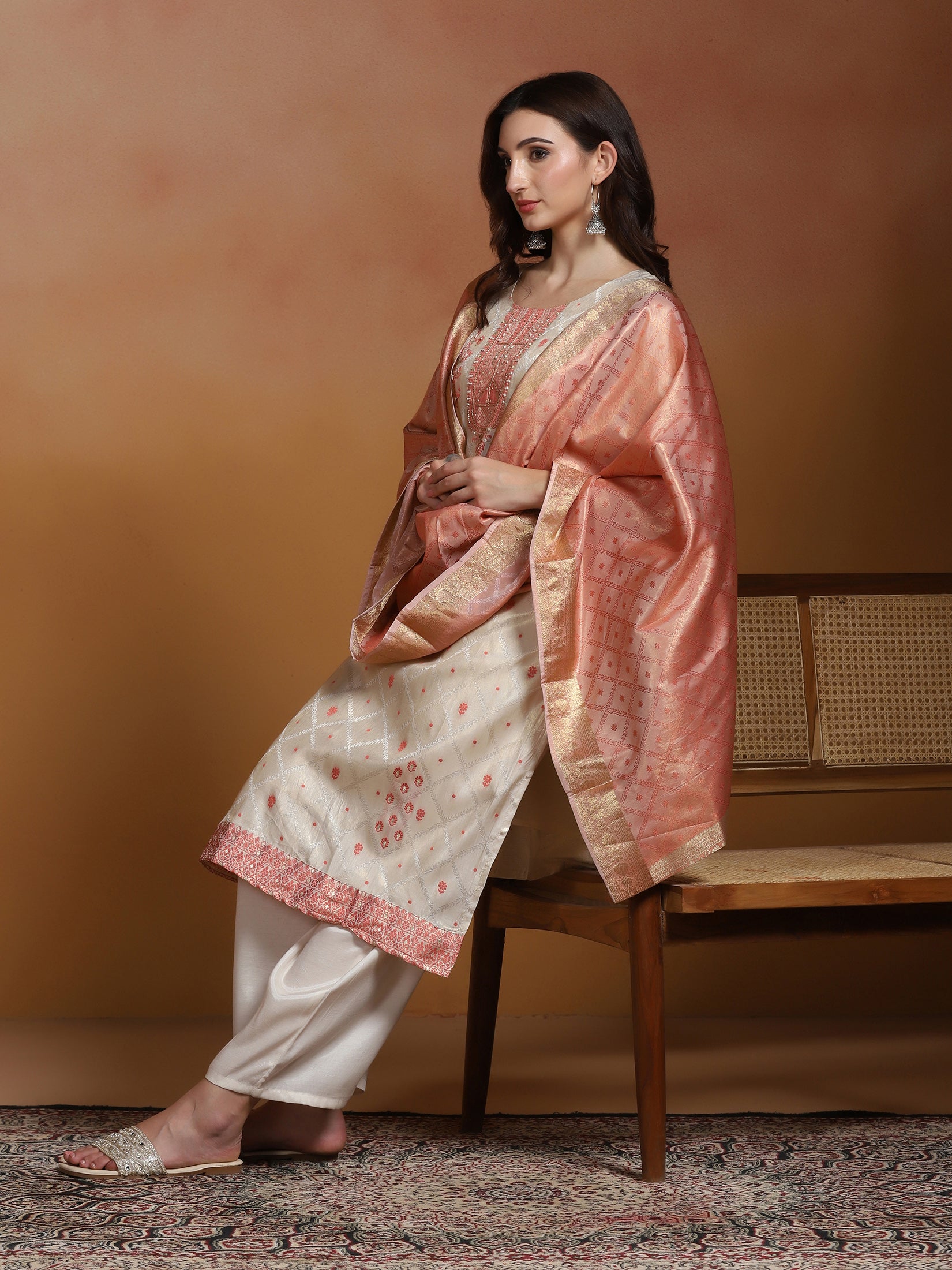 Women Off White Jacquard Kurta Comfort Pant Dupatta
