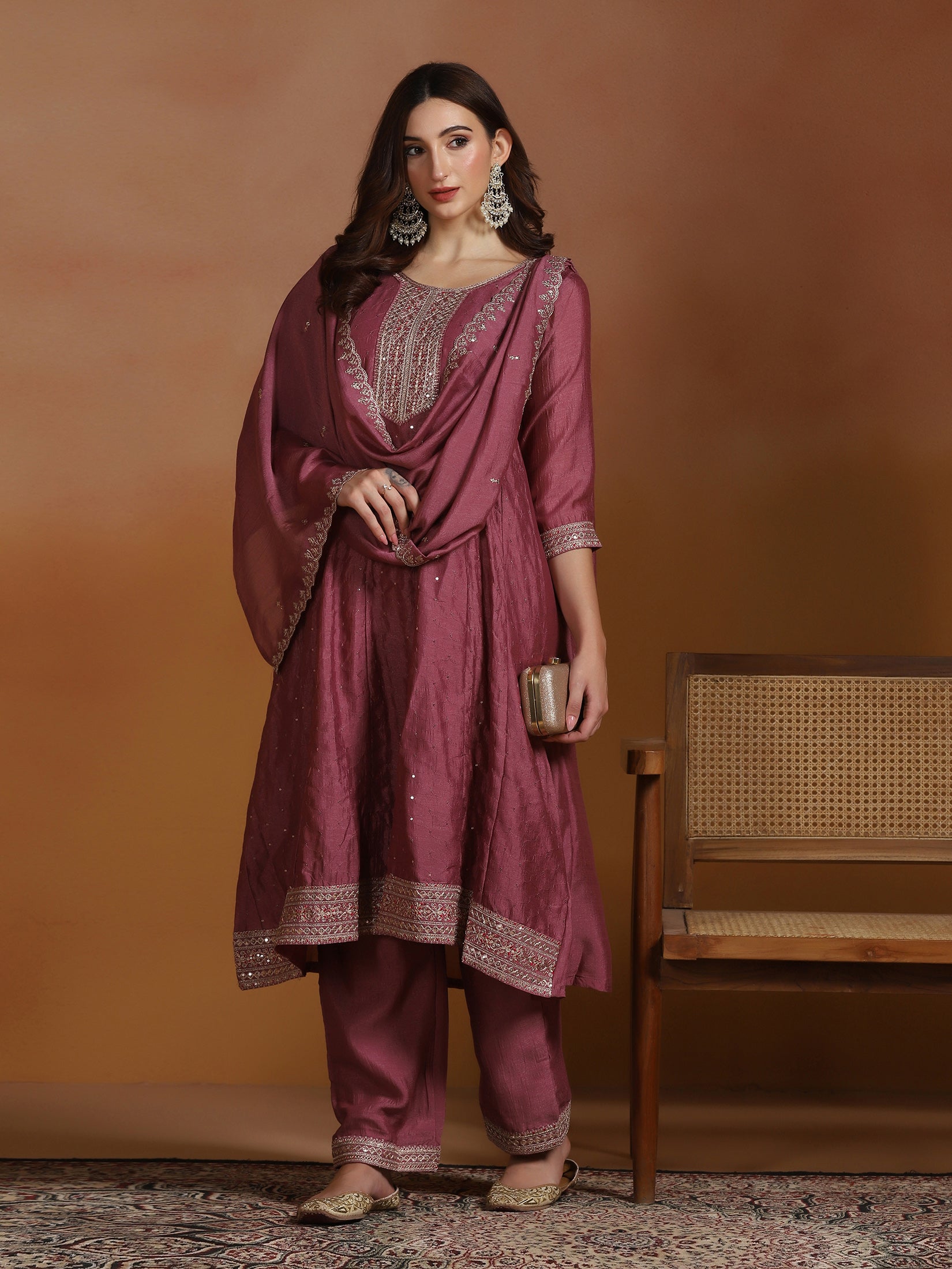 Women Chinon Pink Embroidered Kurta Comfort Pant Dupatta